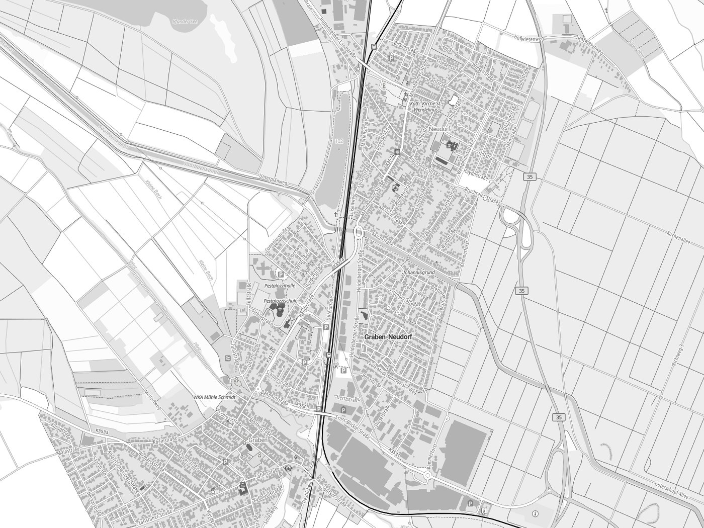 Kartenausschnitt Graben-Neudorf mit Gewässern