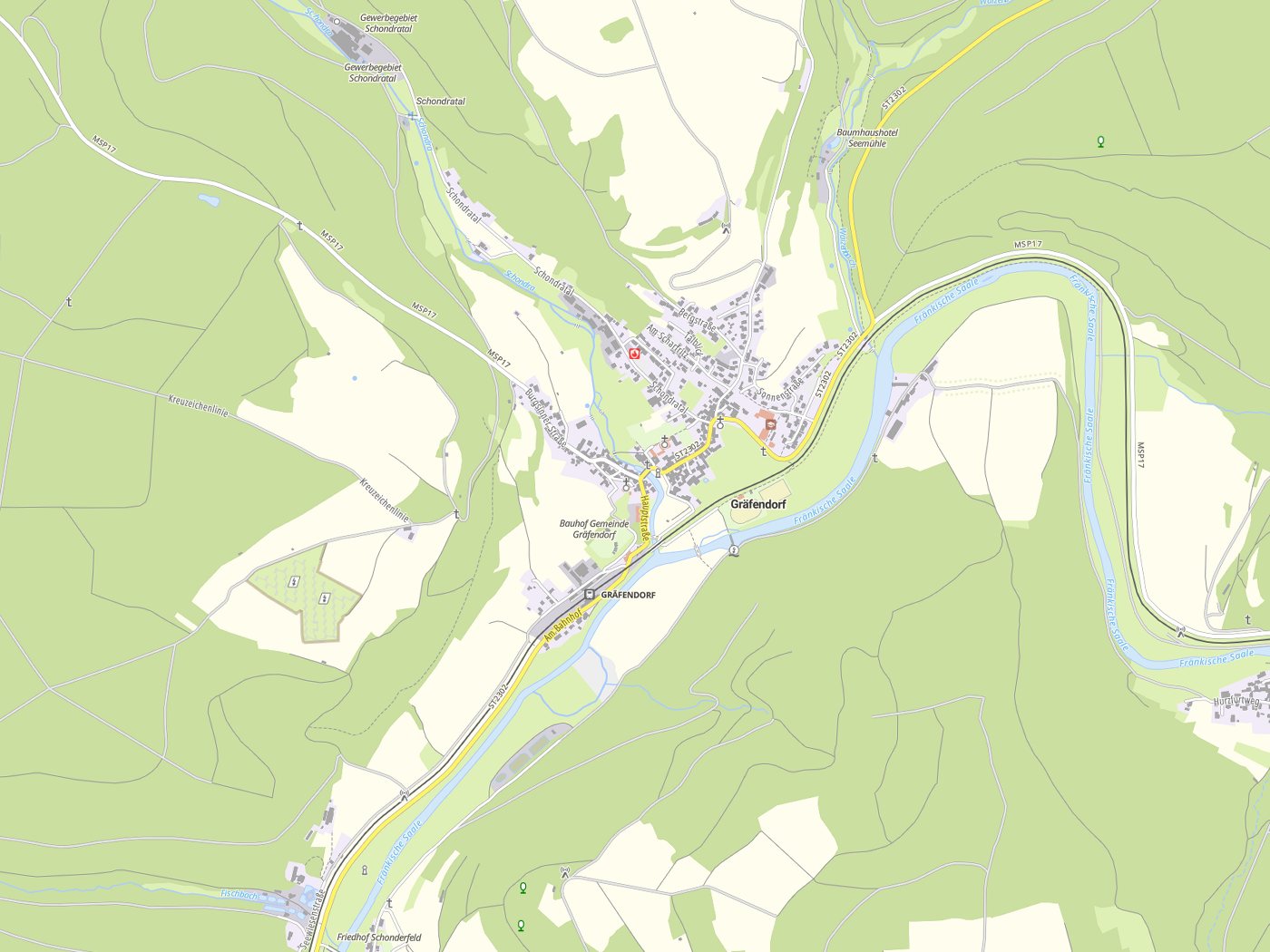 Kartenausschnitt Gräfendorf mit Gewässern