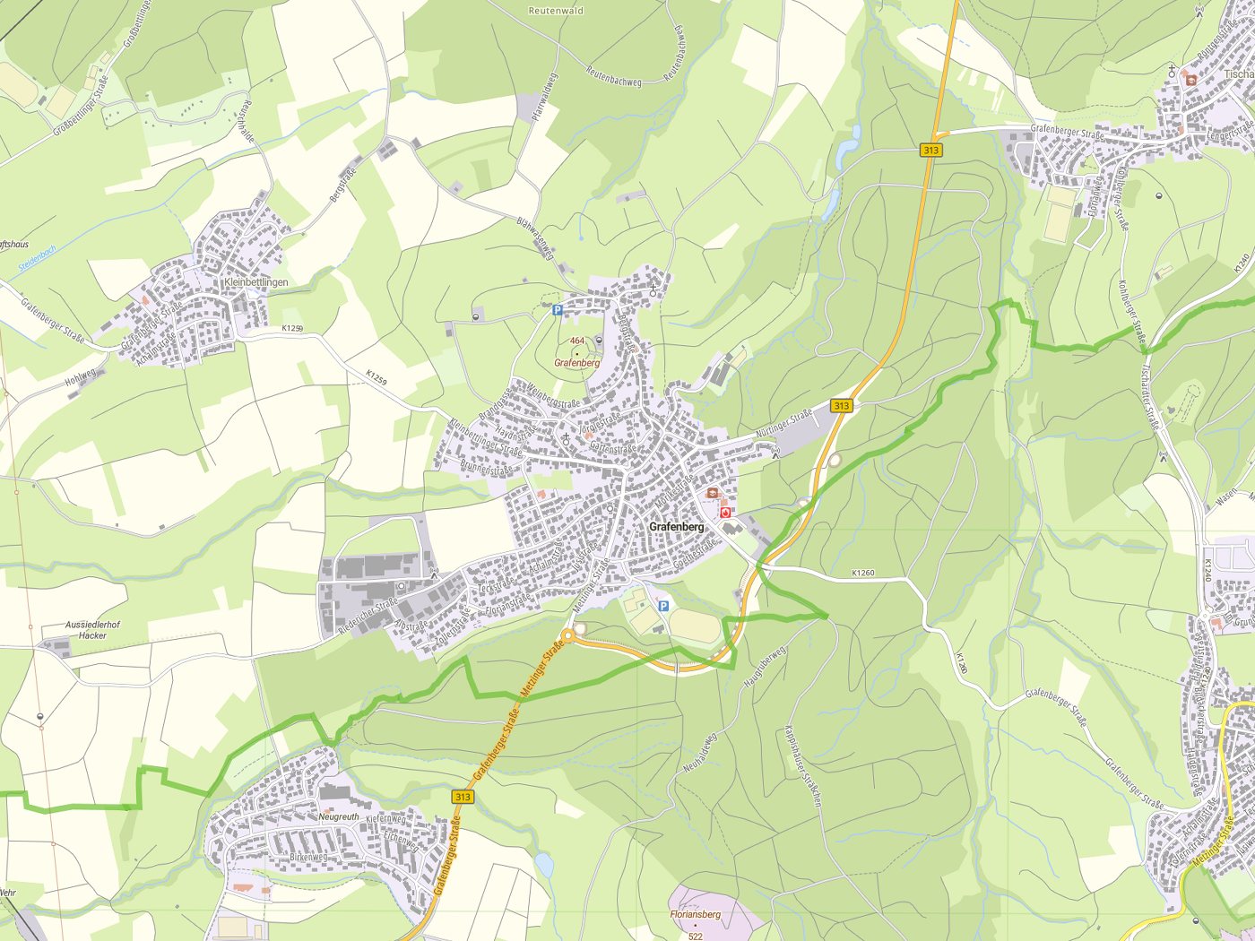 Kartenausschnitt Grafenberg mit Gewässern