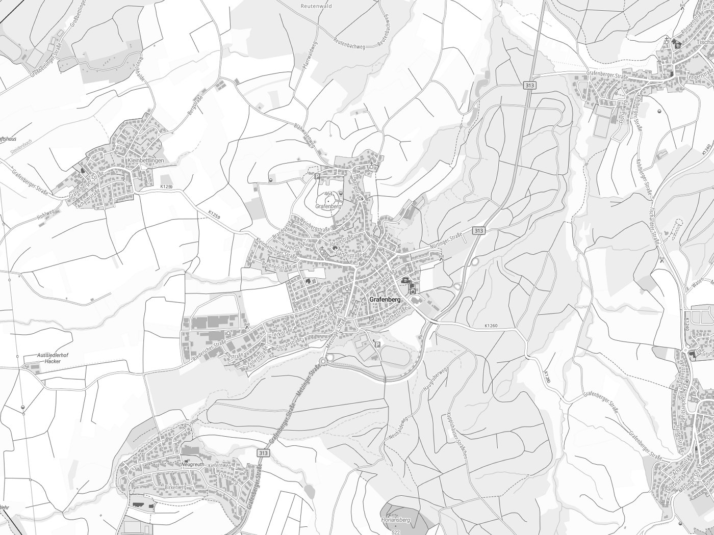 Kartenausschnitt Grafenberg mit Gewässern