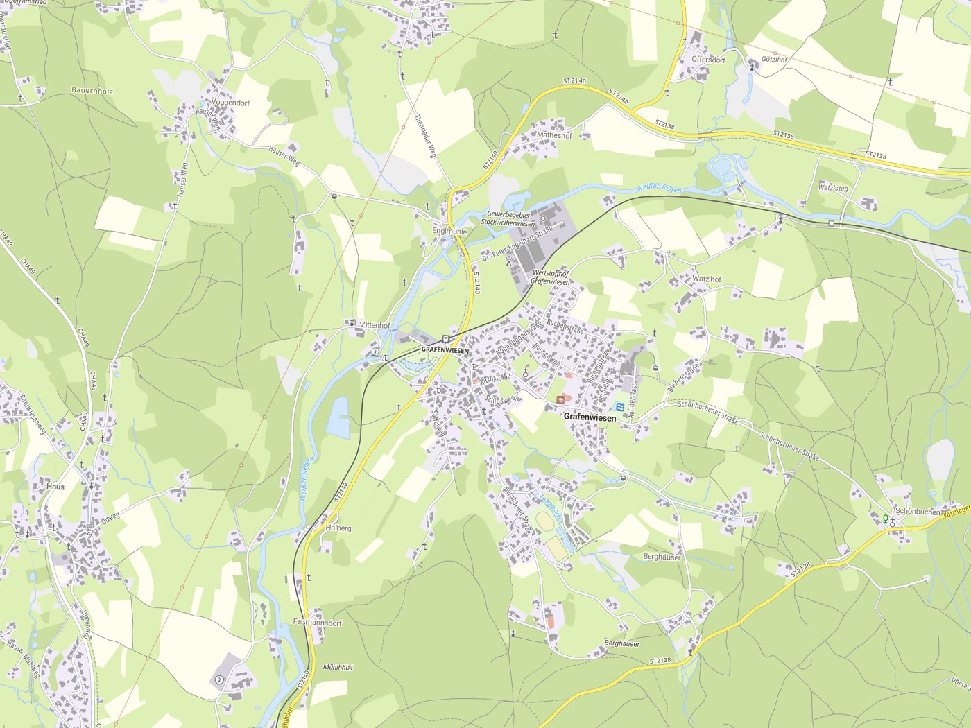 Kartenausschnitt Grafenwiesen mit Gewässern