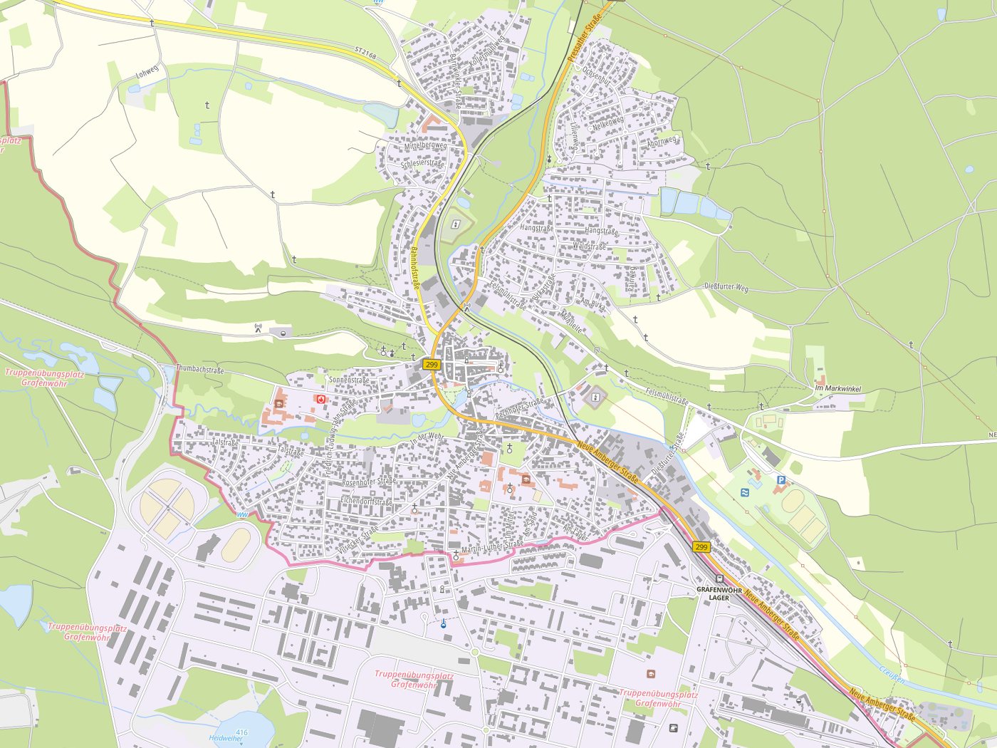 Kartenausschnitt Grafenwöhr mit Gewässern