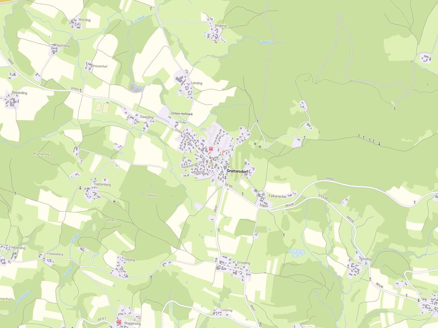 Kartenausschnitt Grattersdorf mit Gewässern