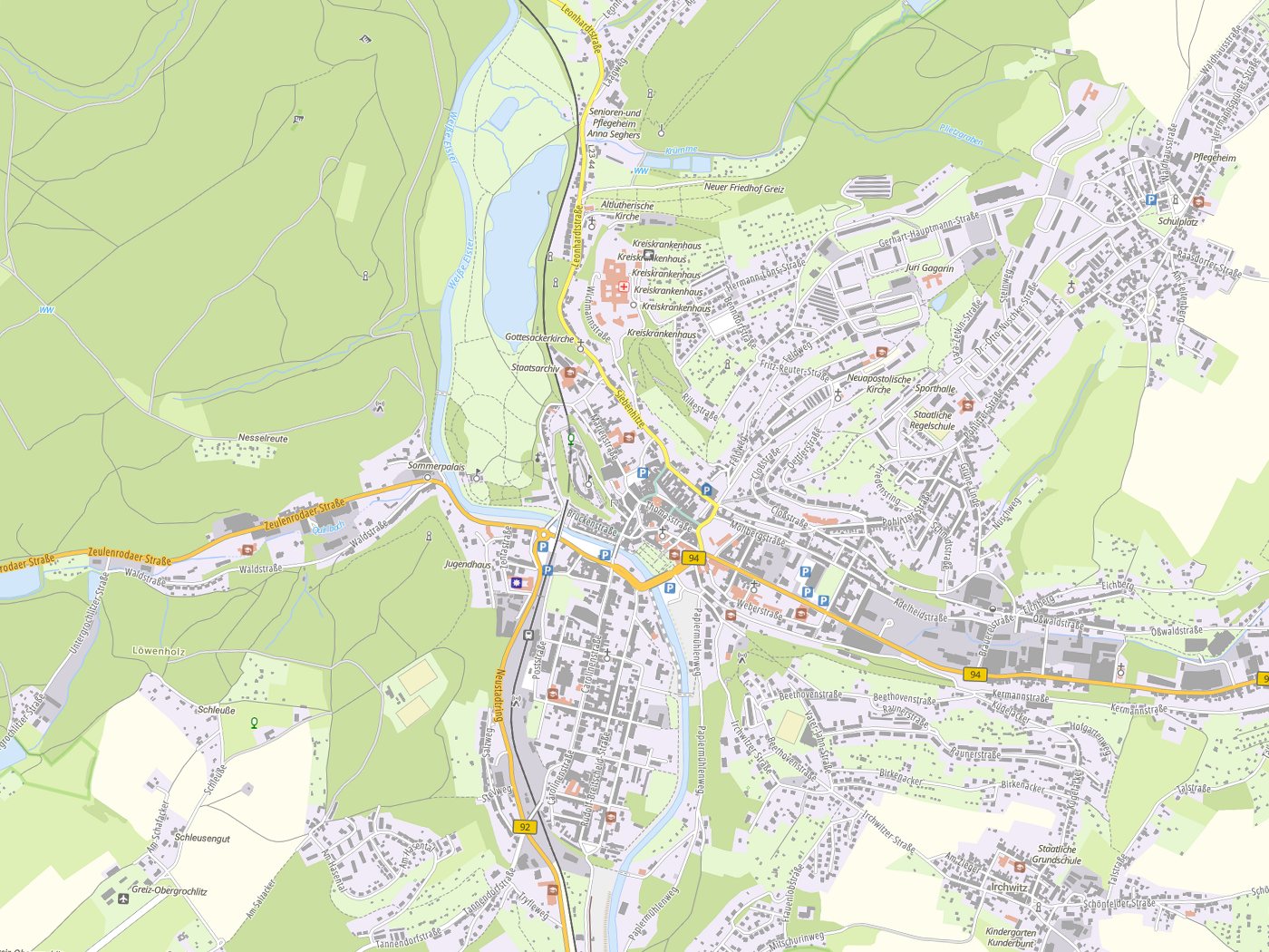 Kartenausschnitt Greiz mit Gewässern