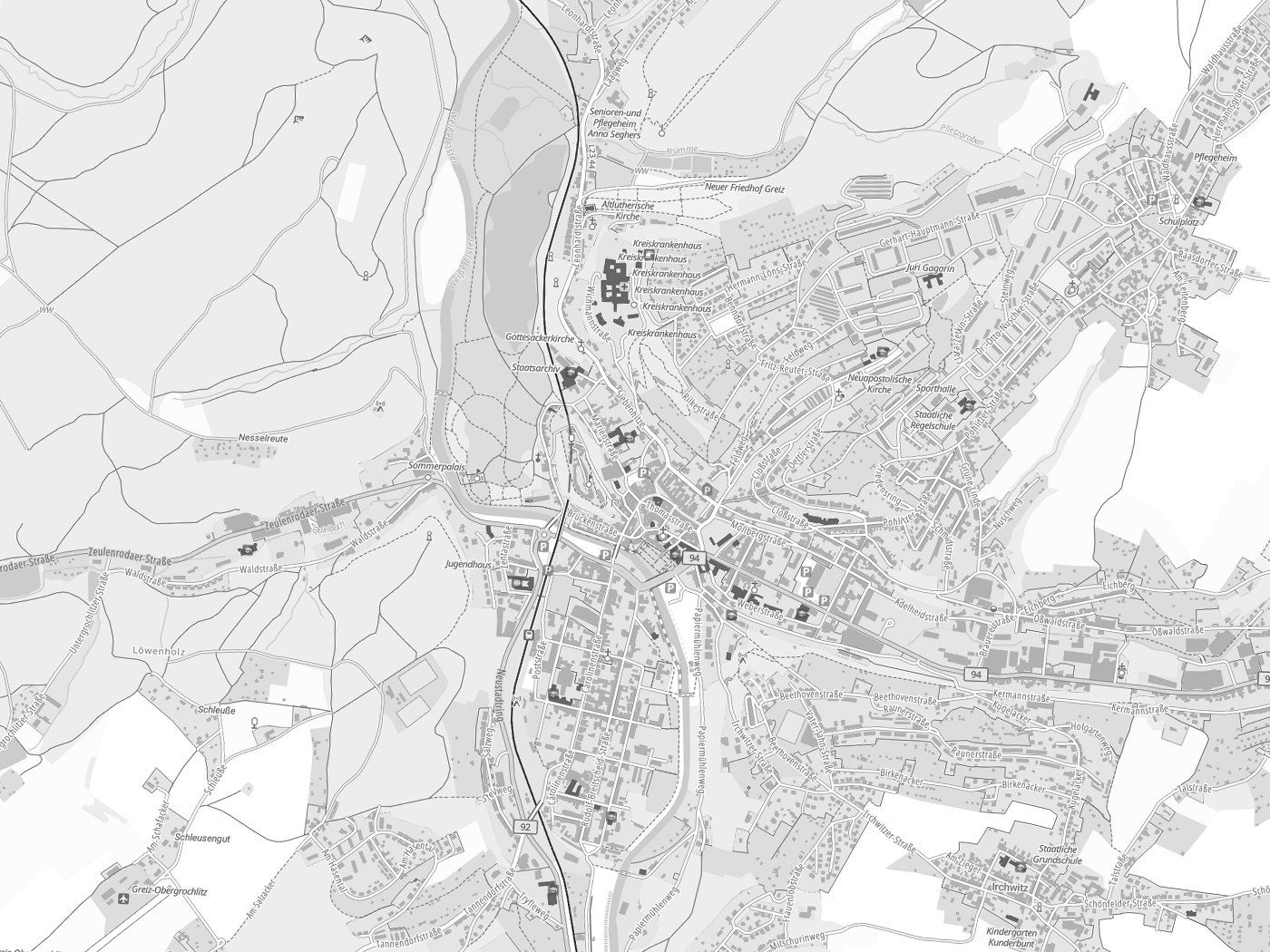 Kartenausschnitt Greiz mit Gewässern