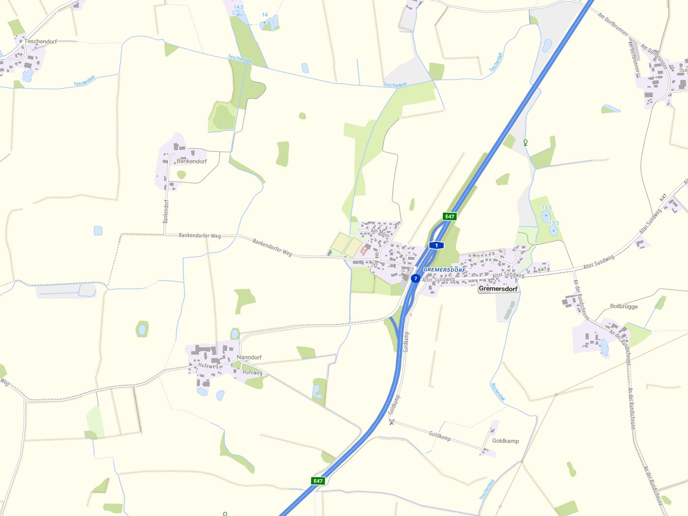 Kartenausschnitt Gremersdorf mit Gewässern