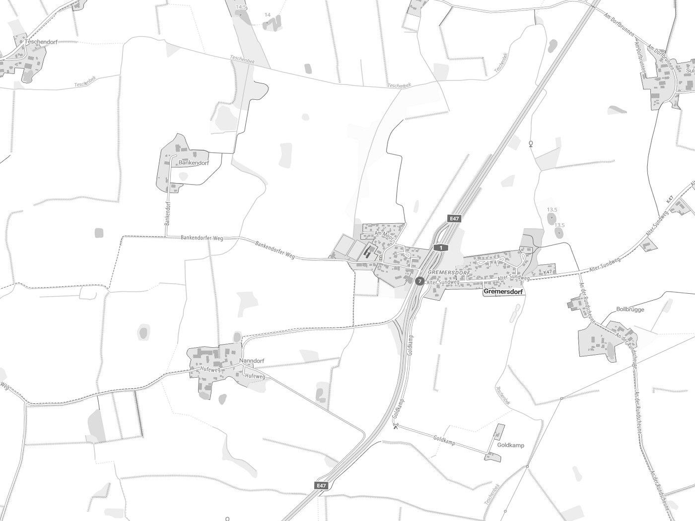 Kartenausschnitt Gremersdorf mit Gewässern