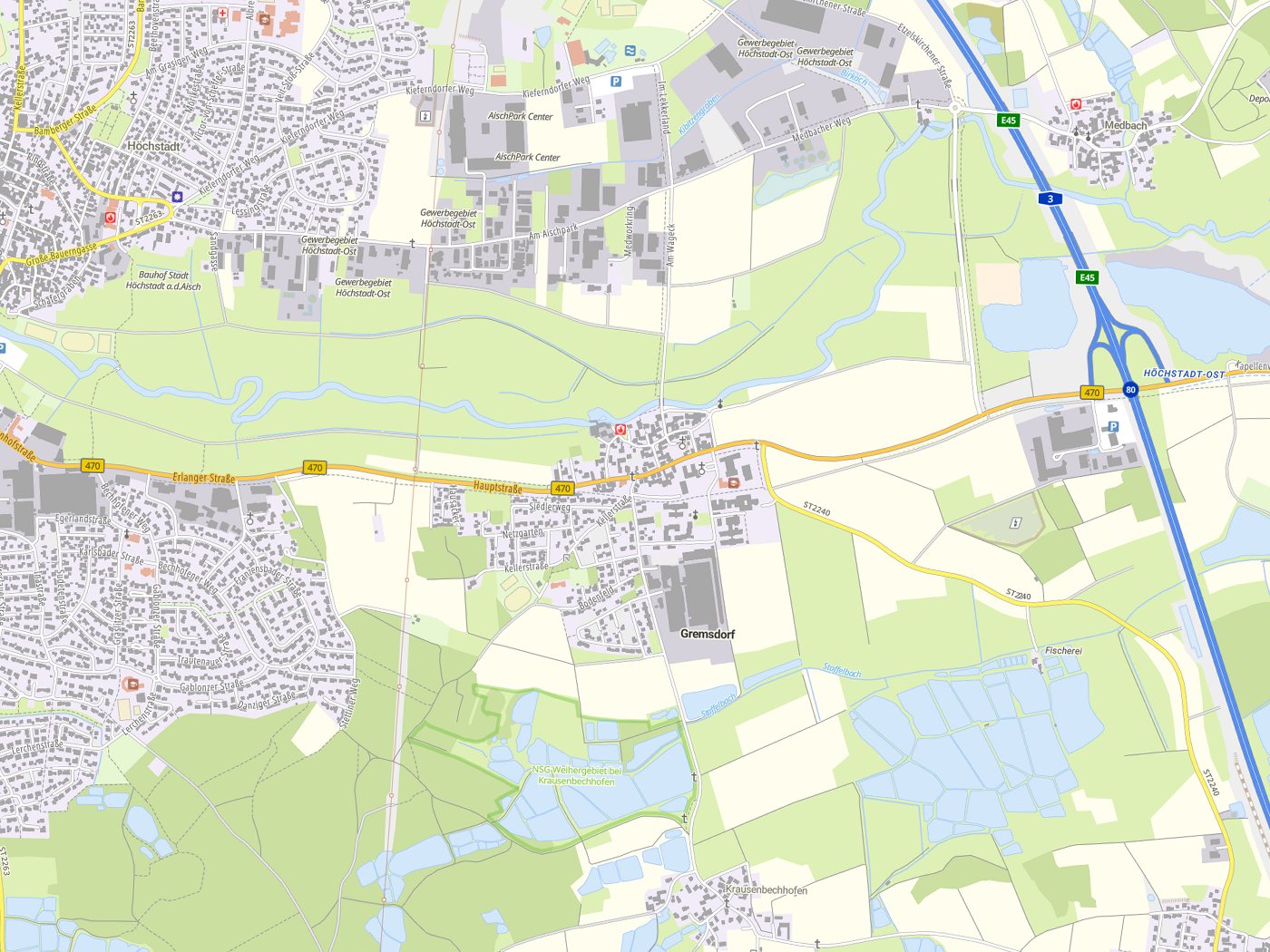 Kartenausschnitt Gremsdorf mit Gewässern