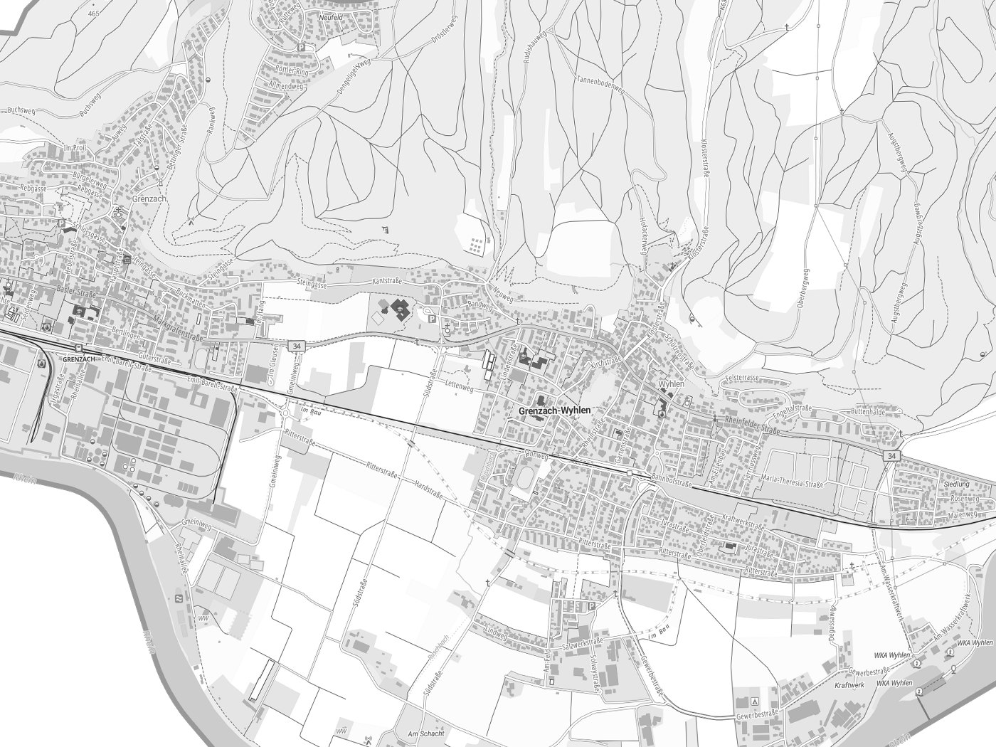 Kartenausschnitt Grenzach-Wyhlen mit Gewässern