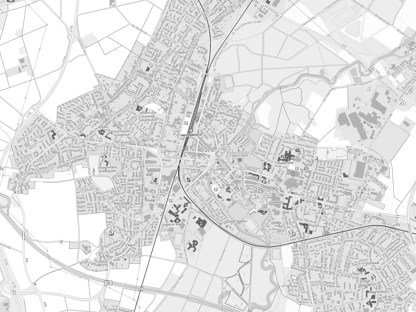 Kartenausschnitt Grevenbroich mit Gewässern