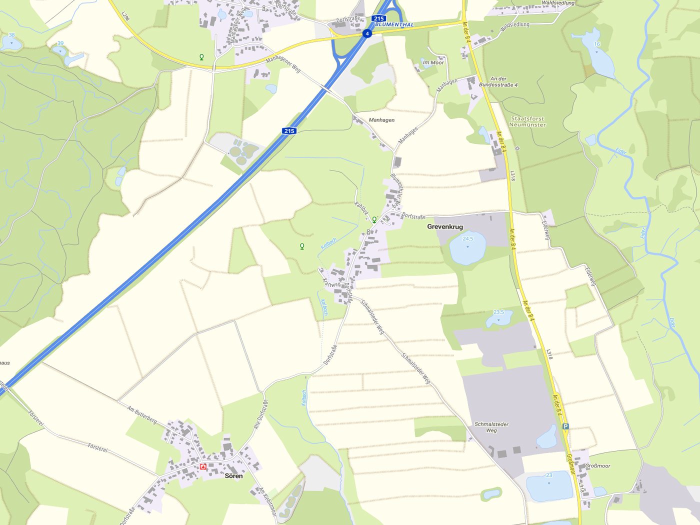 Kartenausschnitt Grevenkrug mit Gewässern