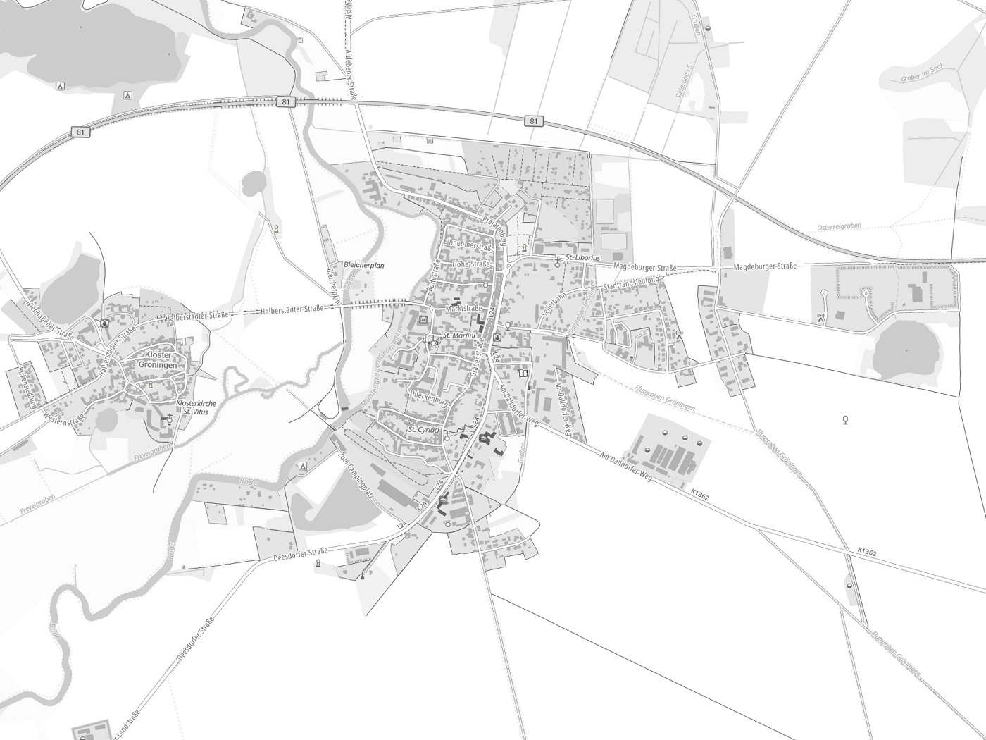 Kartenausschnitt Gröningen mit Gewässern