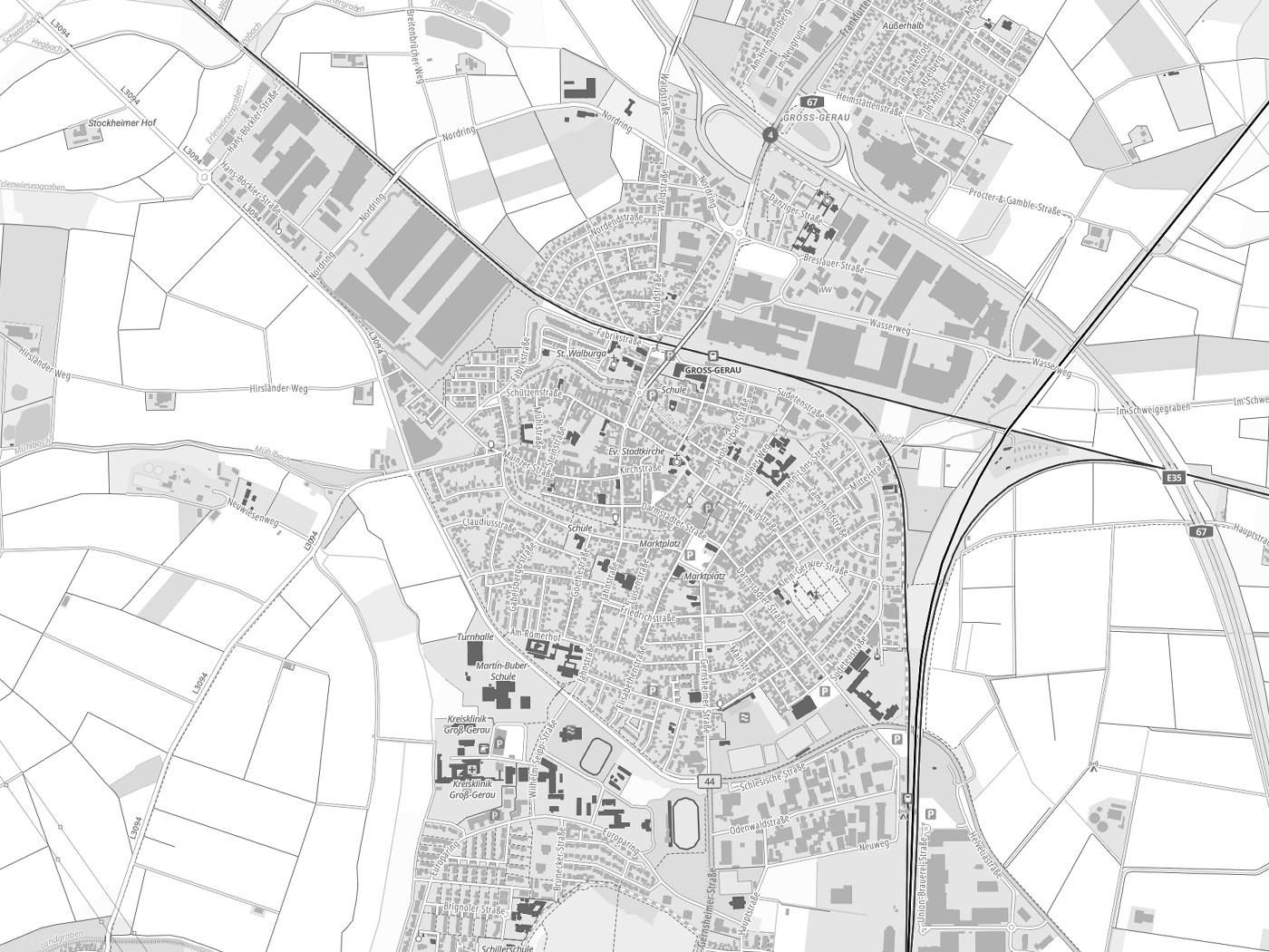 Kartenausschnitt Groß-Gerau mit Gewässern