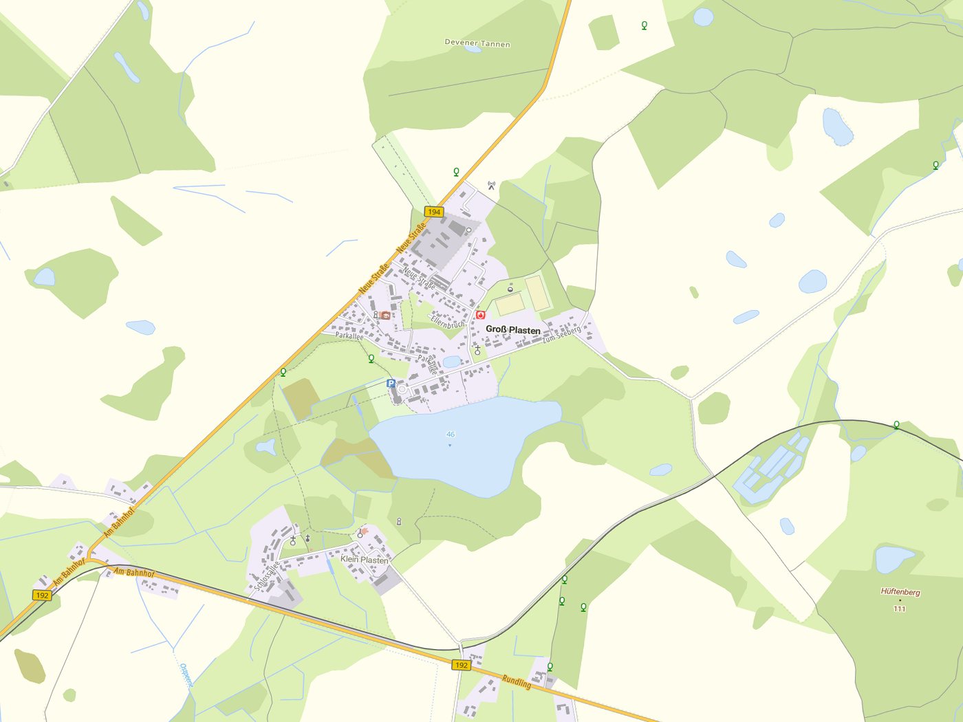 Kartenausschnitt Groß Plasten mit Gewässern