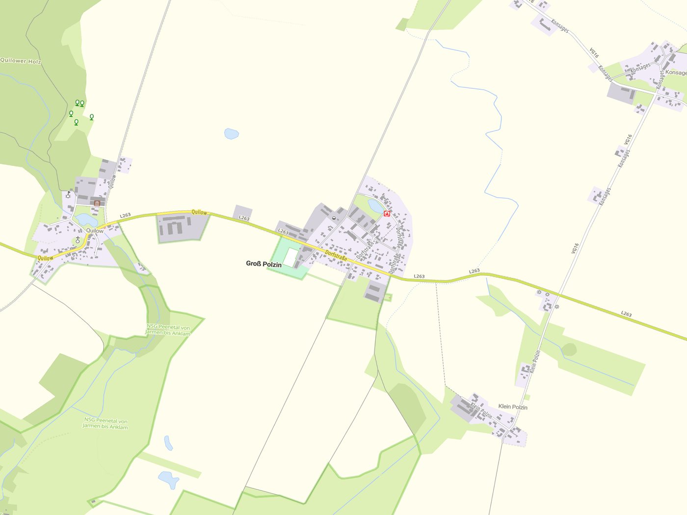 Kartenausschnitt Groß Polzin mit Gewässern