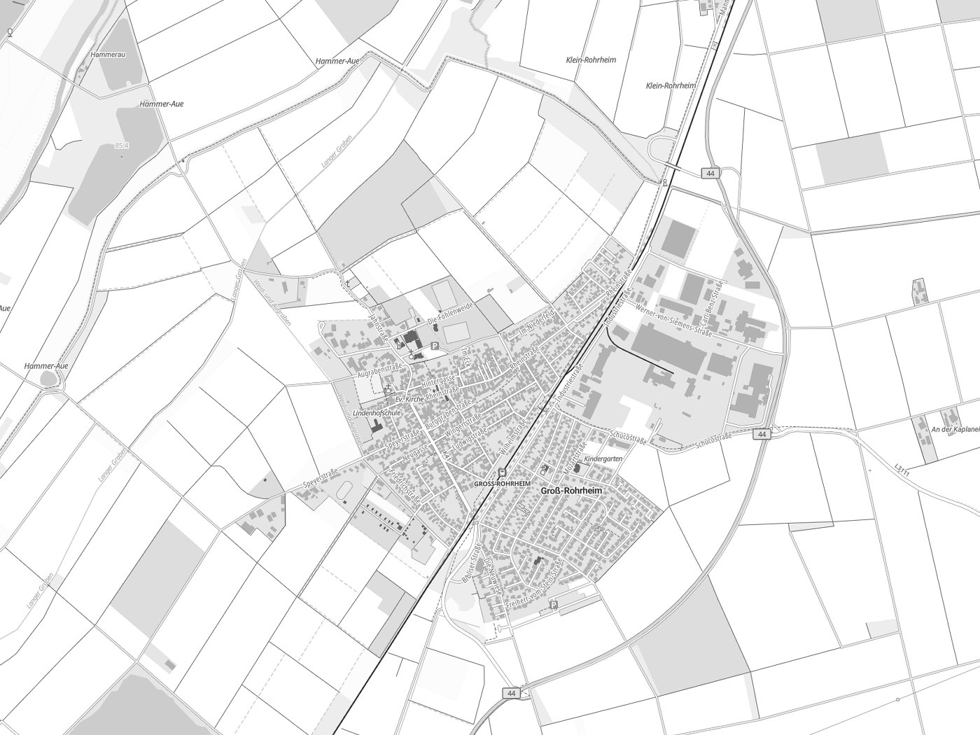 Kartenausschnitt Groß-Rohrheim mit Gewässern