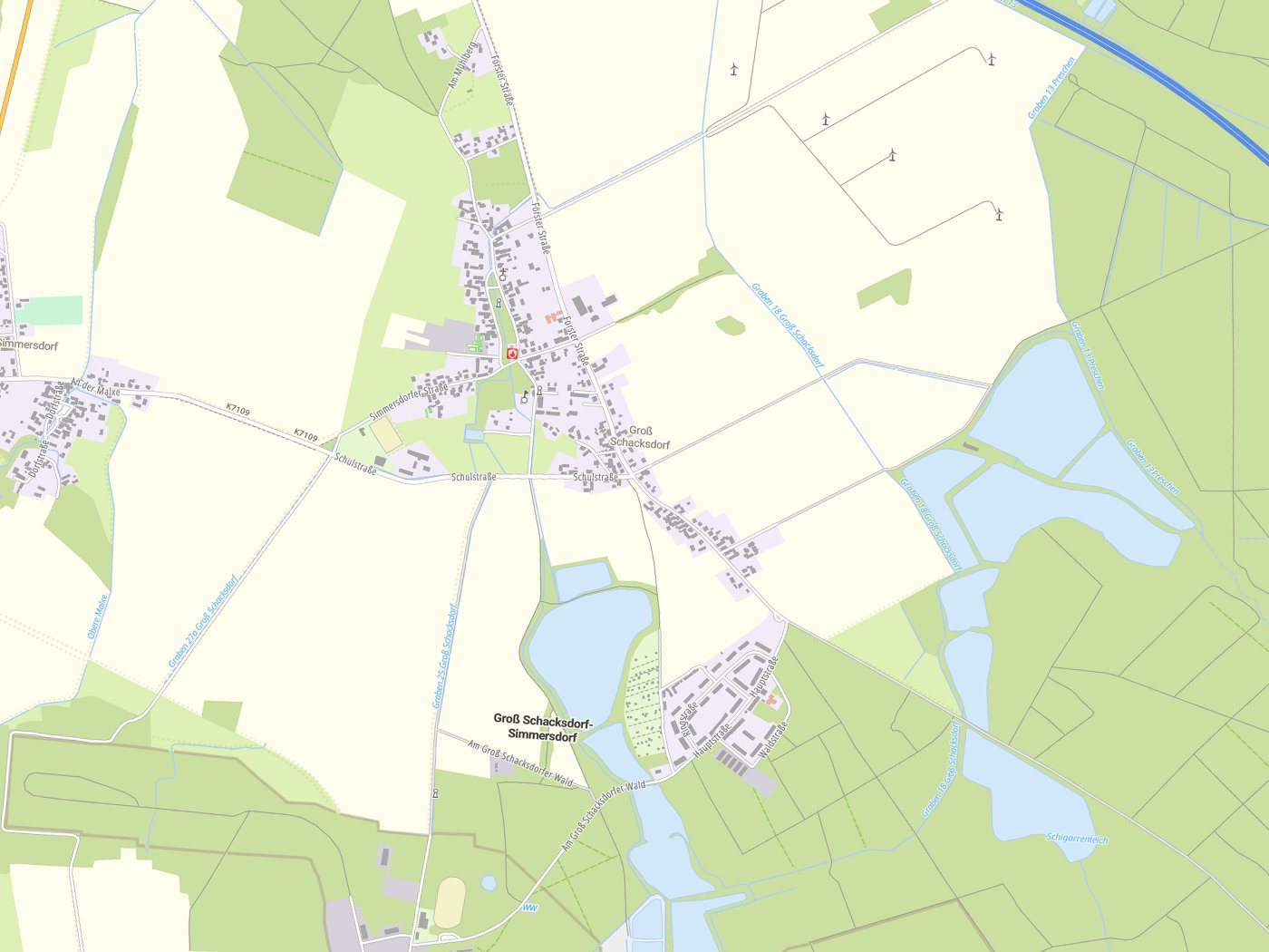 Kartenausschnitt Groß Schacksdorf-Simmersdorf mit Gewässern