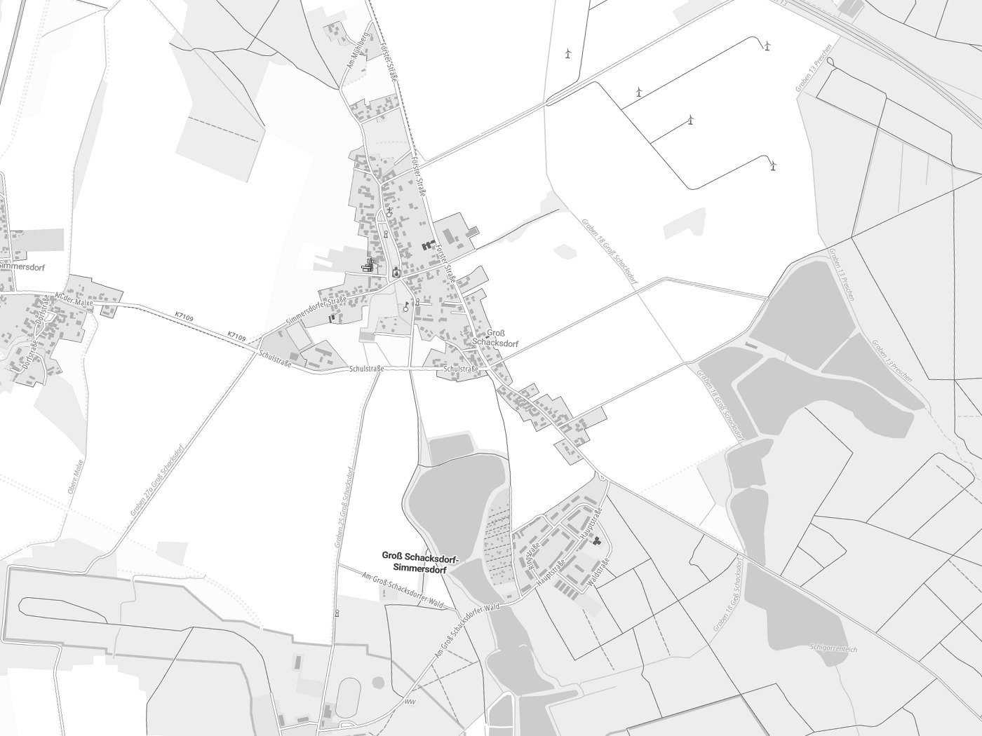 Kartenausschnitt Groß Schacksdorf-Simmersdorf mit Gewässern