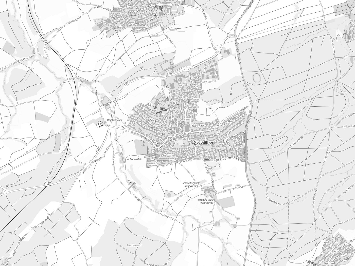 Kartenausschnitt Großbettlingen mit Gewässern