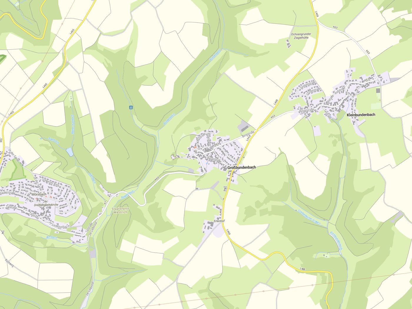 Kartenausschnitt Großbundenbach mit Gewässern
