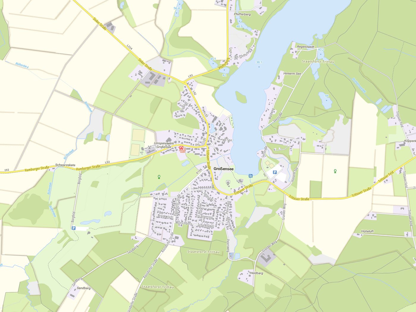 Kartenausschnitt Großensee mit Gewässern
