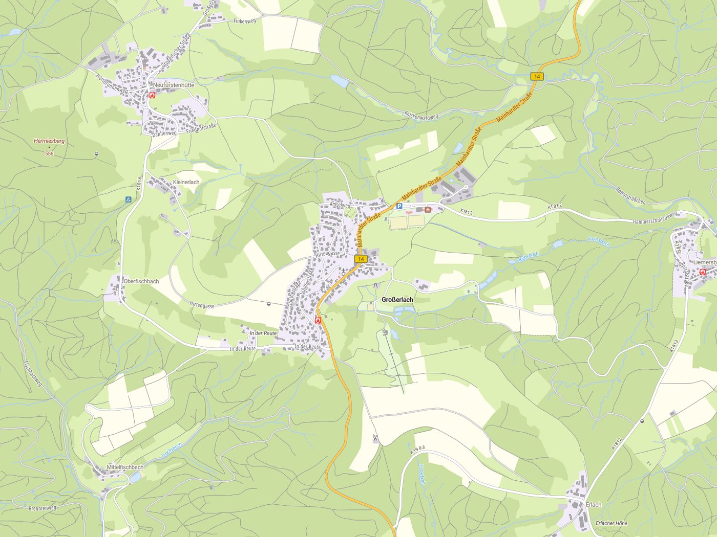 Kartenausschnitt Großerlach mit Gewässern