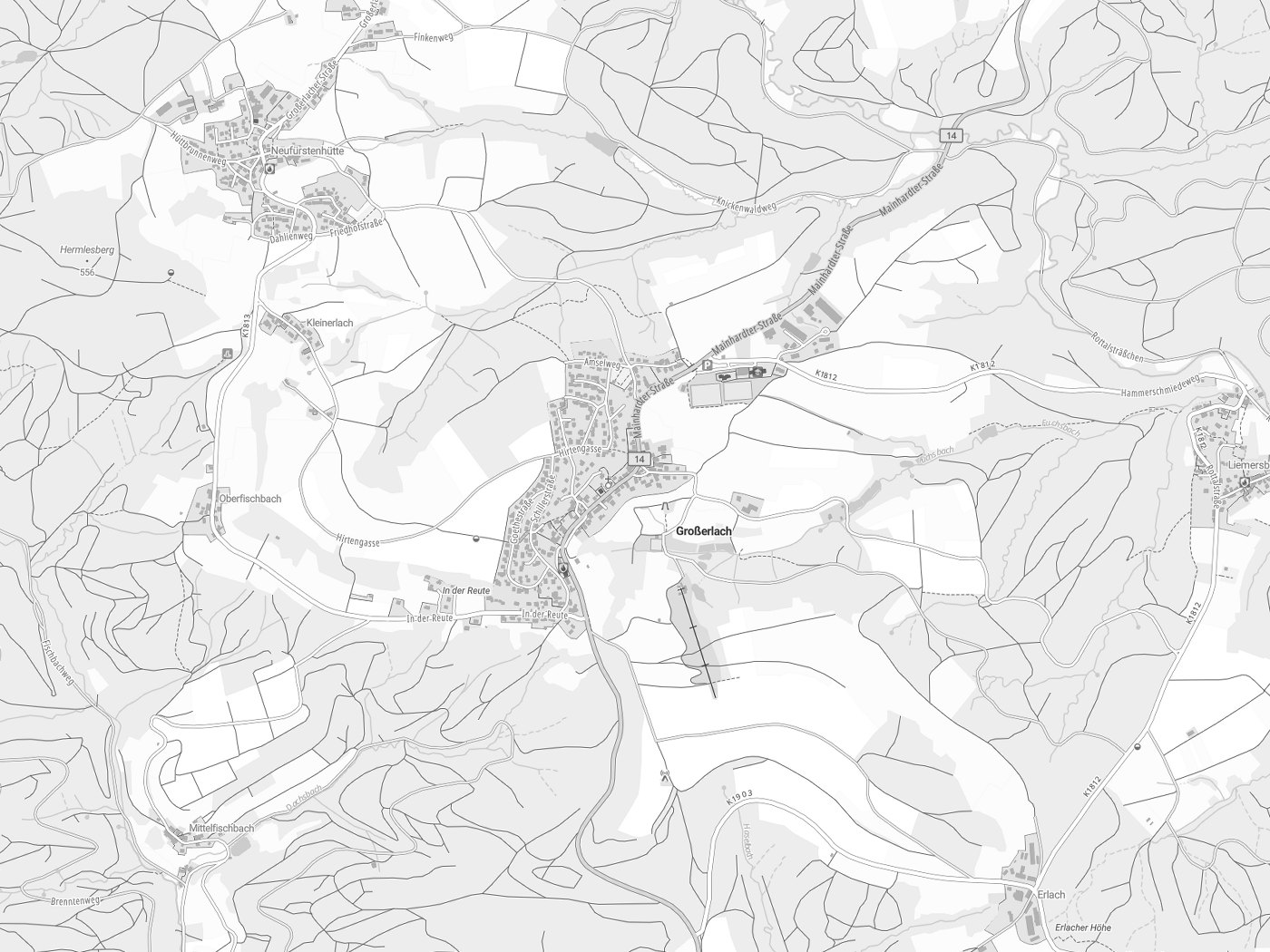 Kartenausschnitt Großerlach mit Gewässern