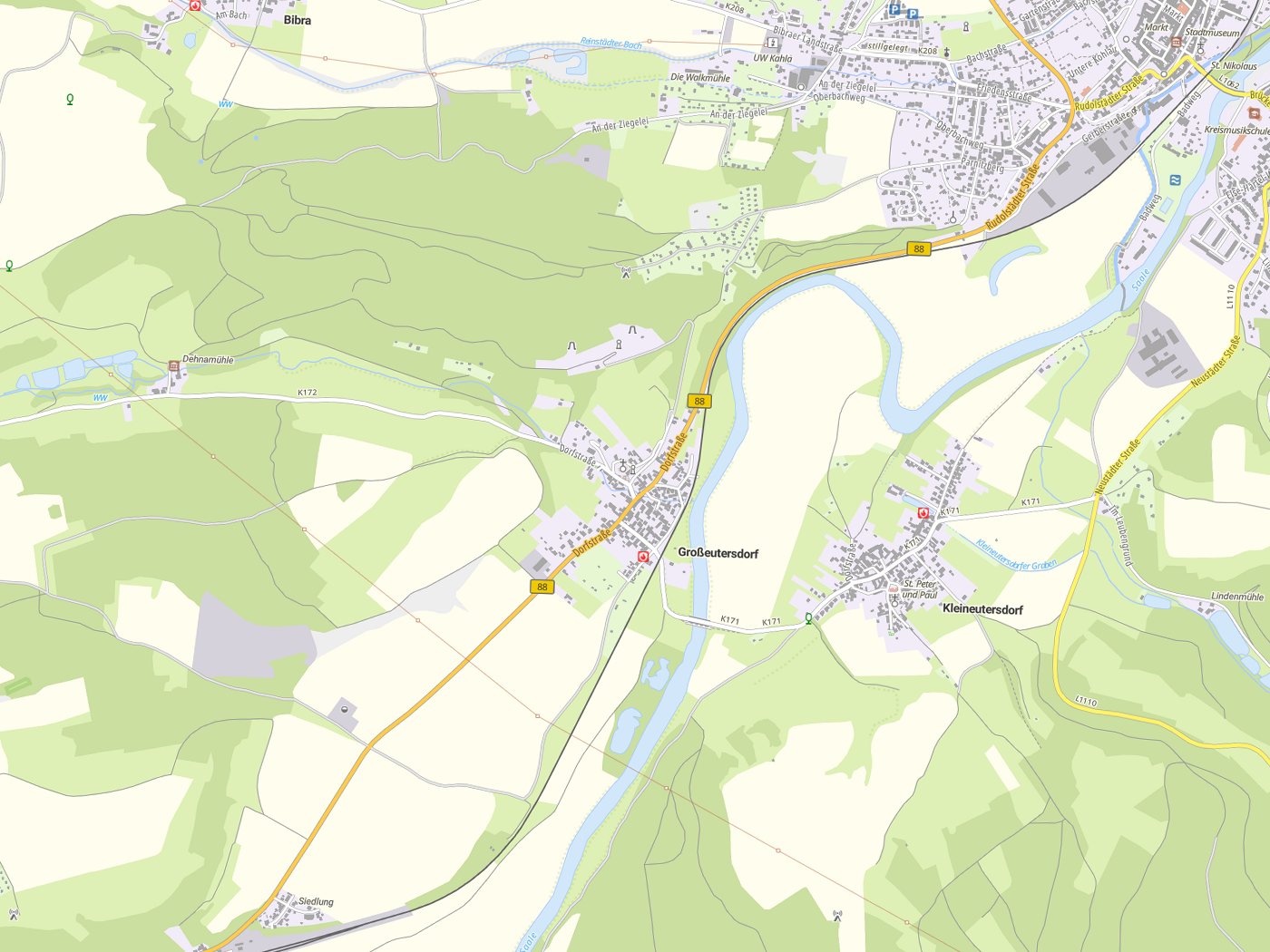 Kartenausschnitt Großeutersdorf mit Gewässern