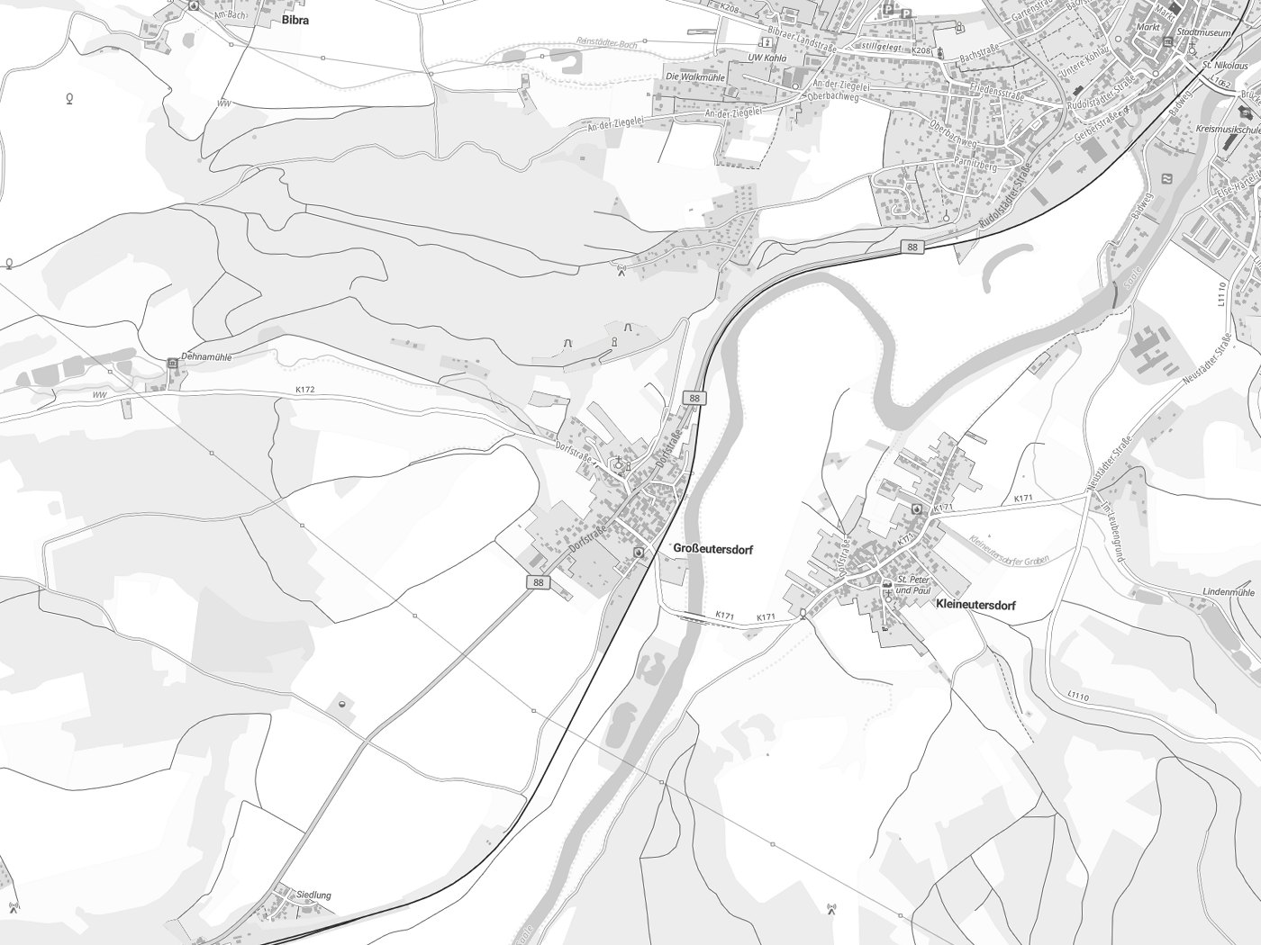 Kartenausschnitt Großeutersdorf mit Gewässern