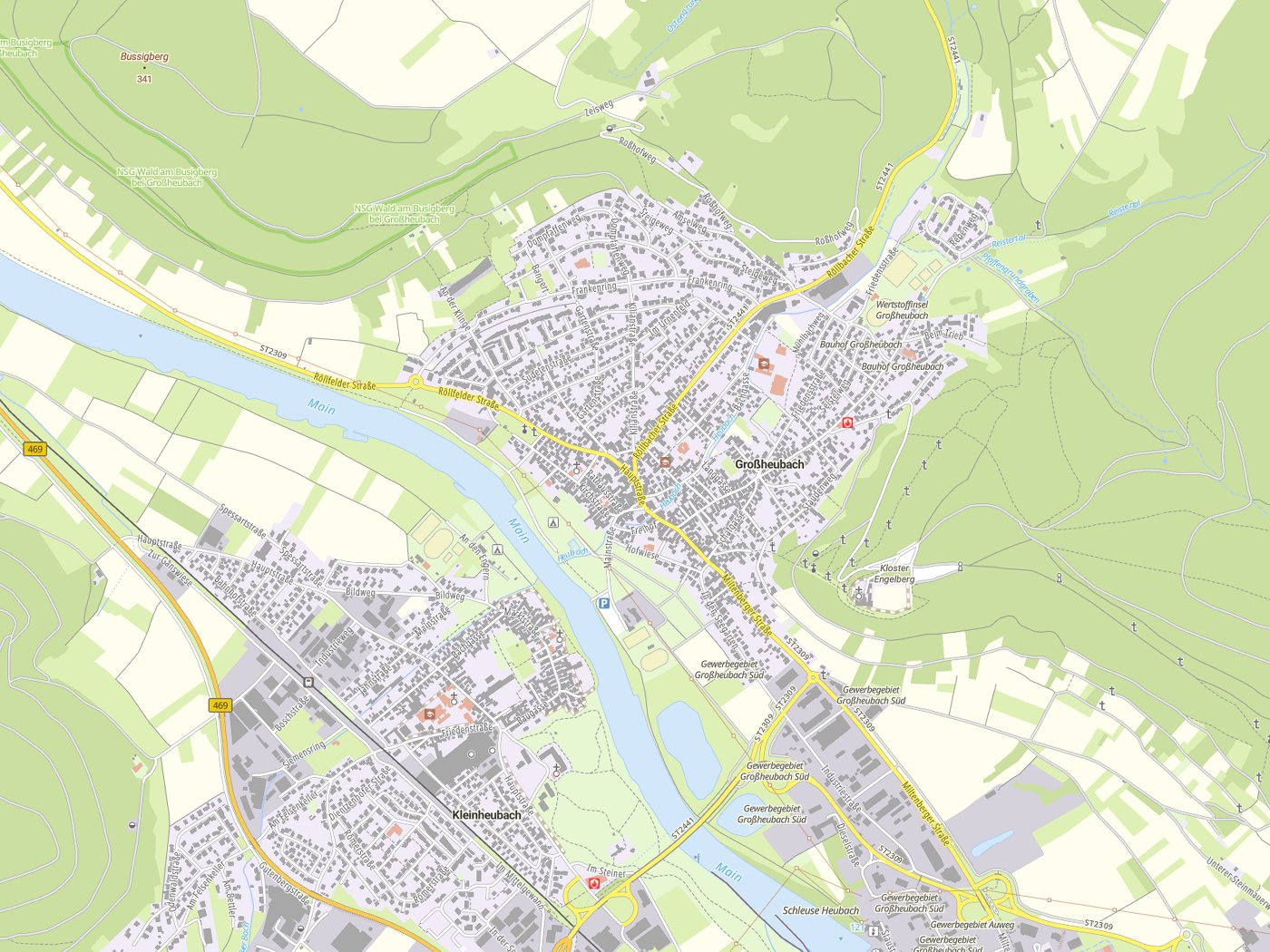Kartenausschnitt Großheubach mit Gewässern