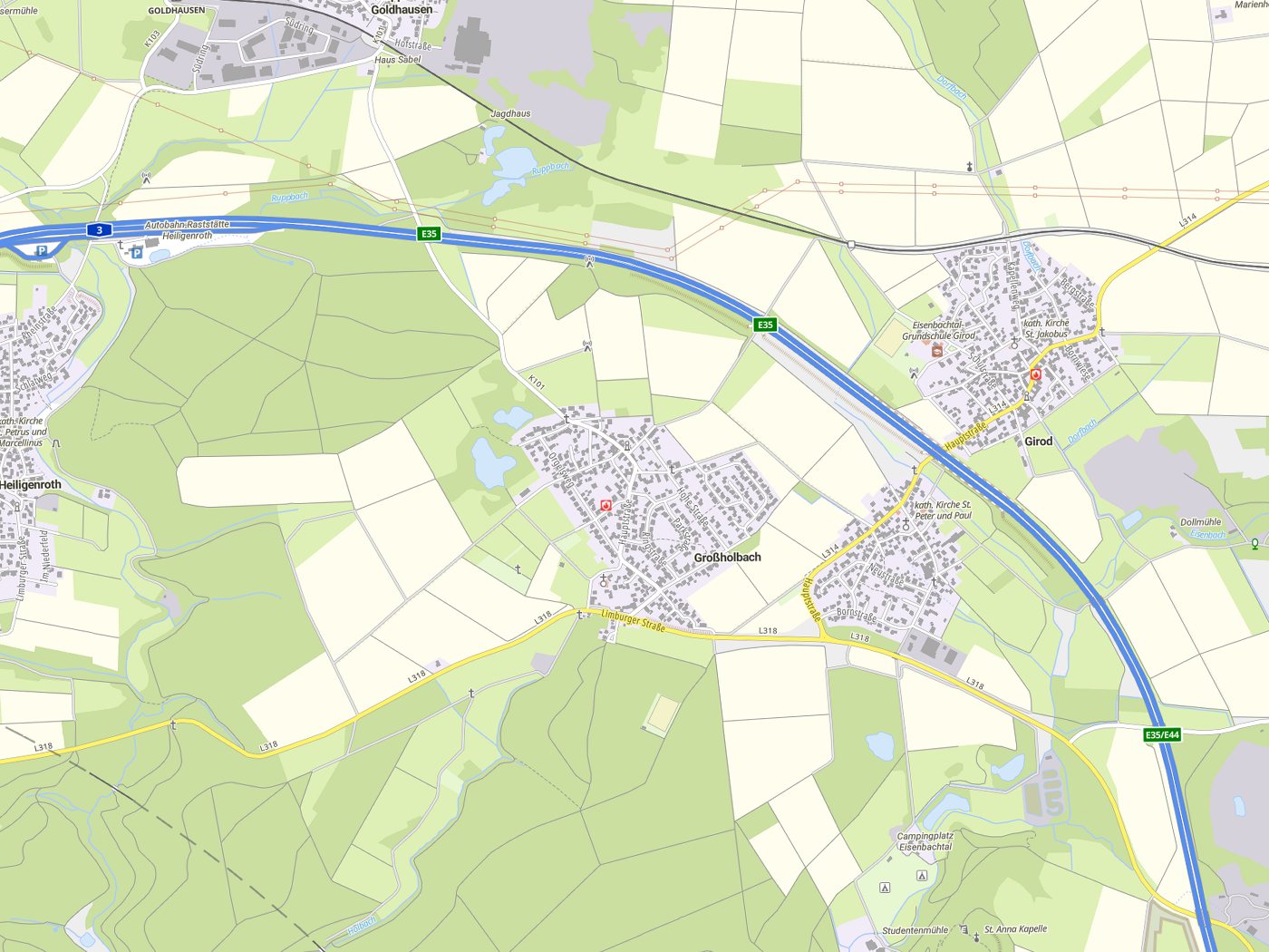 Kartenausschnitt Großholbach mit Gewässern