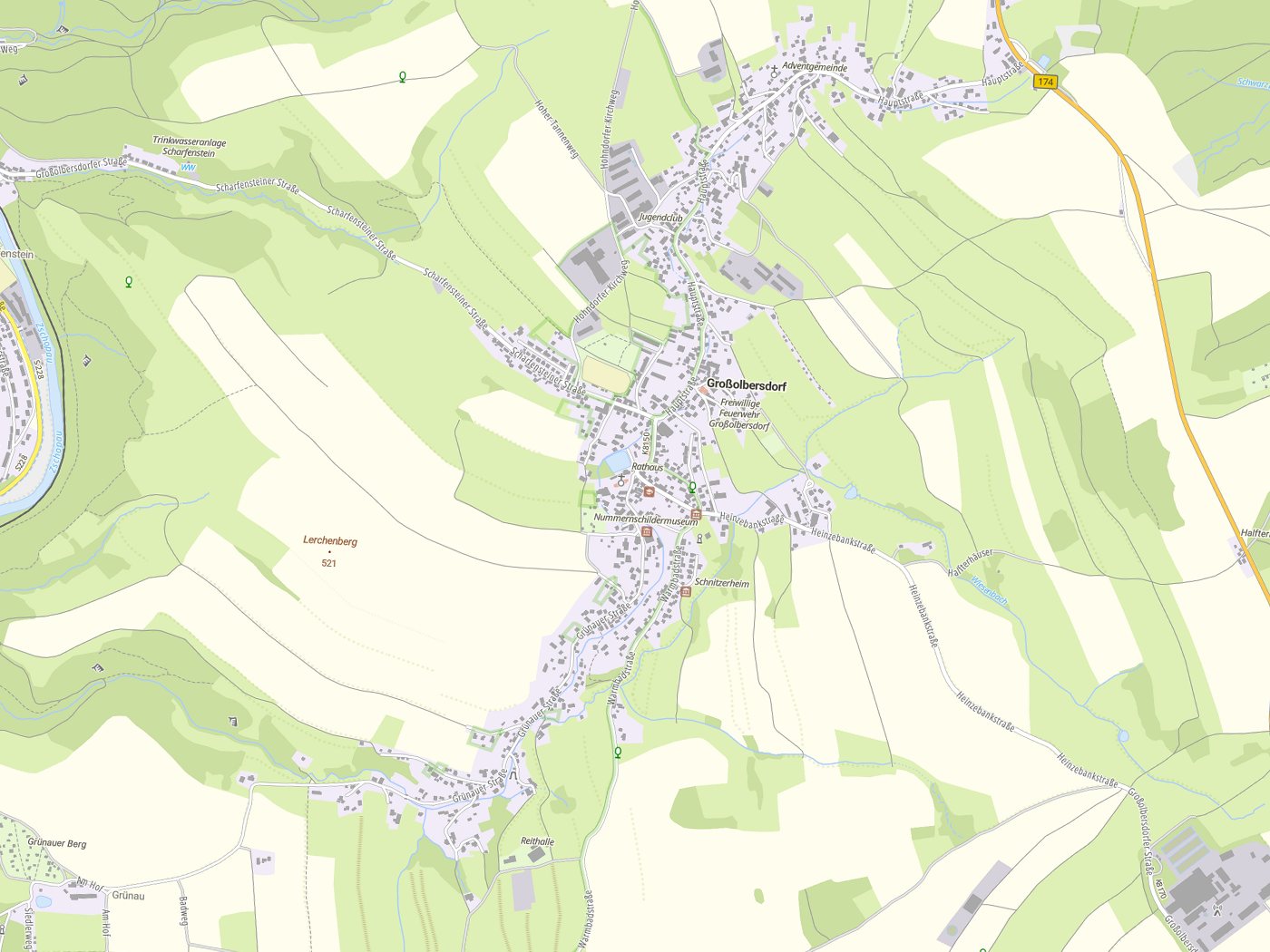 Kartenausschnitt Großolbersdorf mit Gewässern