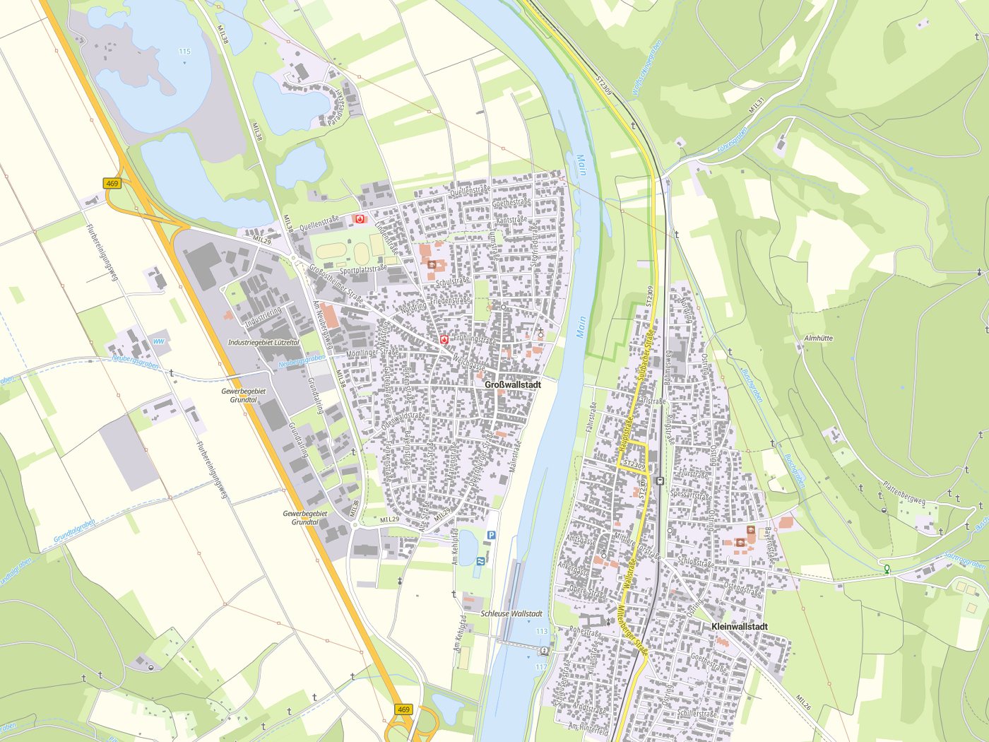 Kartenausschnitt Großwallstadt mit Gewässern
