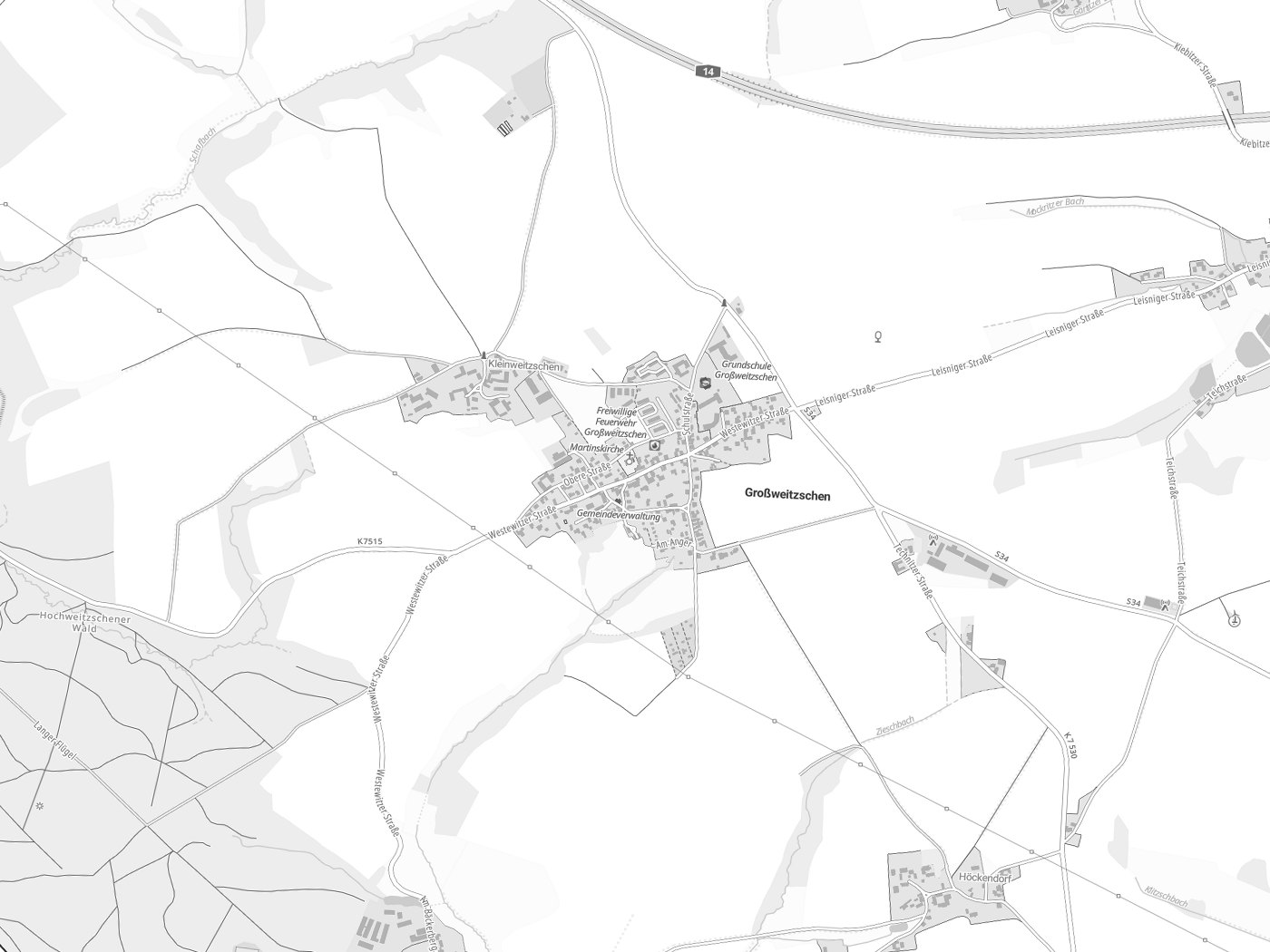 Kartenausschnitt Großweitzschen mit Gewässern