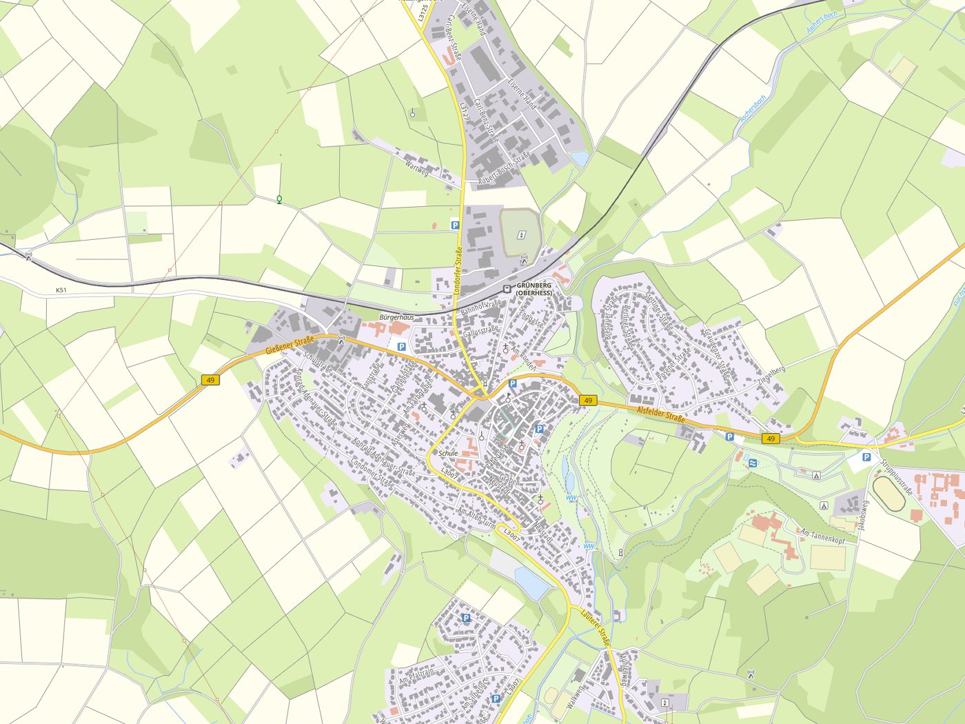 Kartenausschnitt Grünberg mit Gewässern