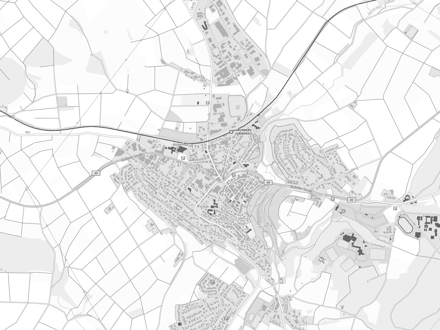 Kartenausschnitt Grünberg mit Gewässern