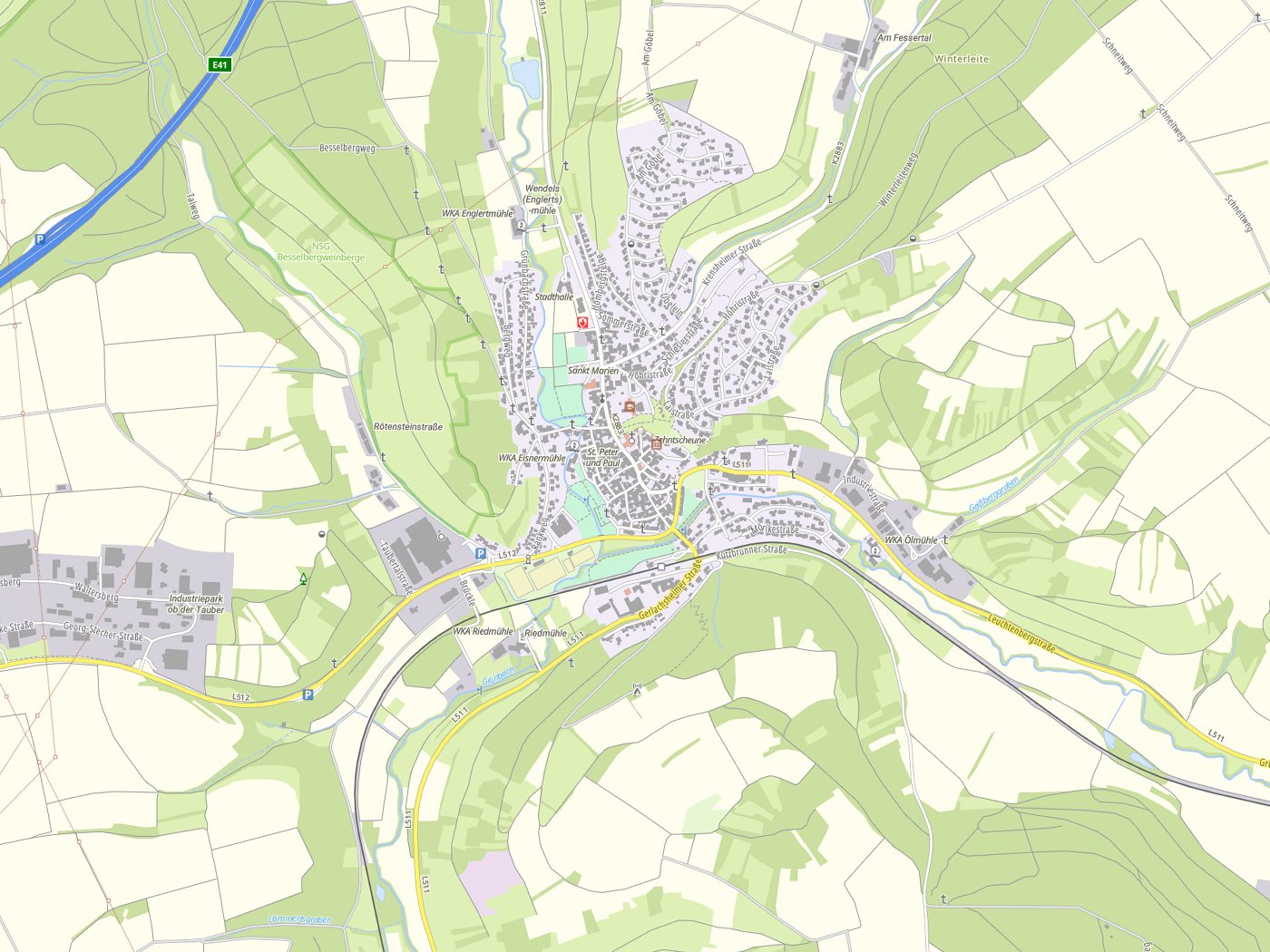 Kartenausschnitt Grünsfeld mit Gewässern