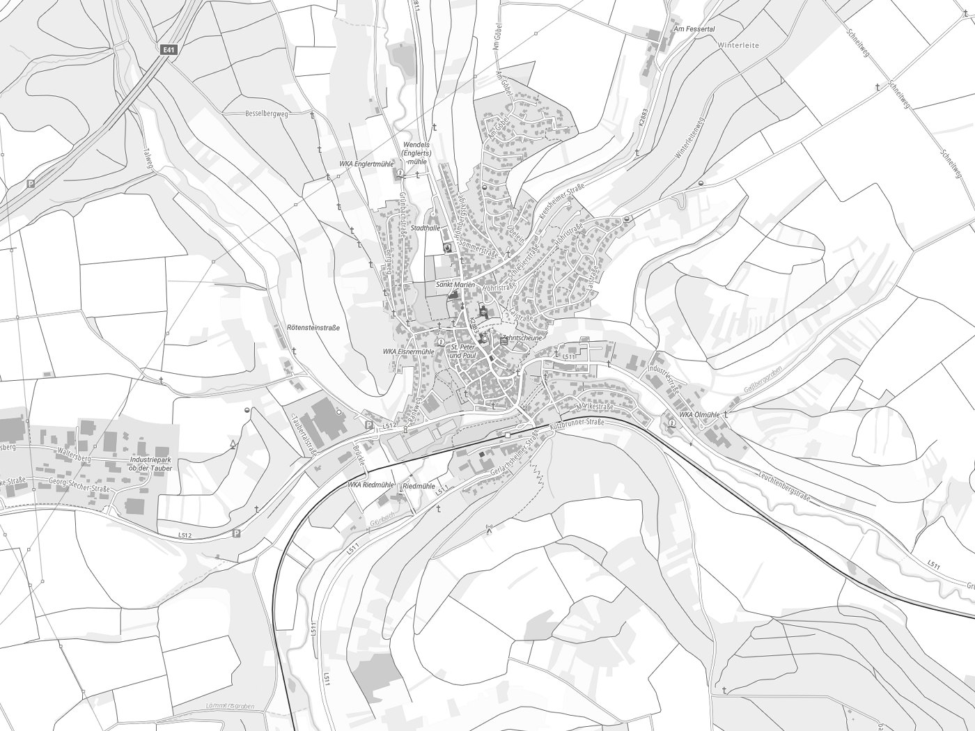 Kartenausschnitt Grünsfeld mit Gewässern