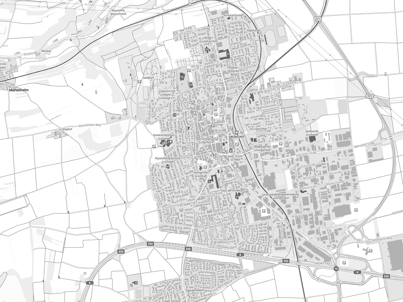 Kartenausschnitt Grünstadt mit Gewässern