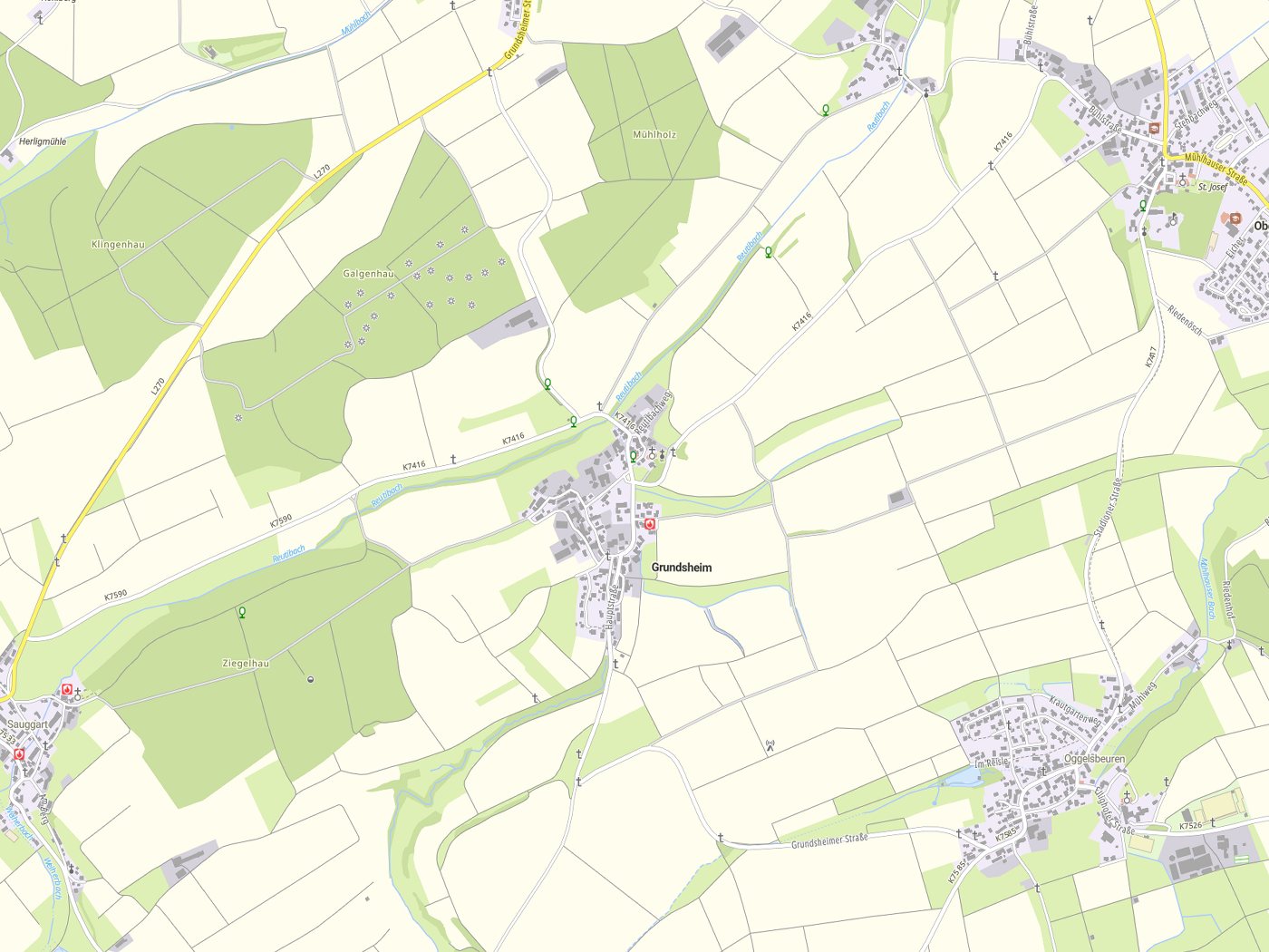 Kartenausschnitt Grundsheim mit Gewässern