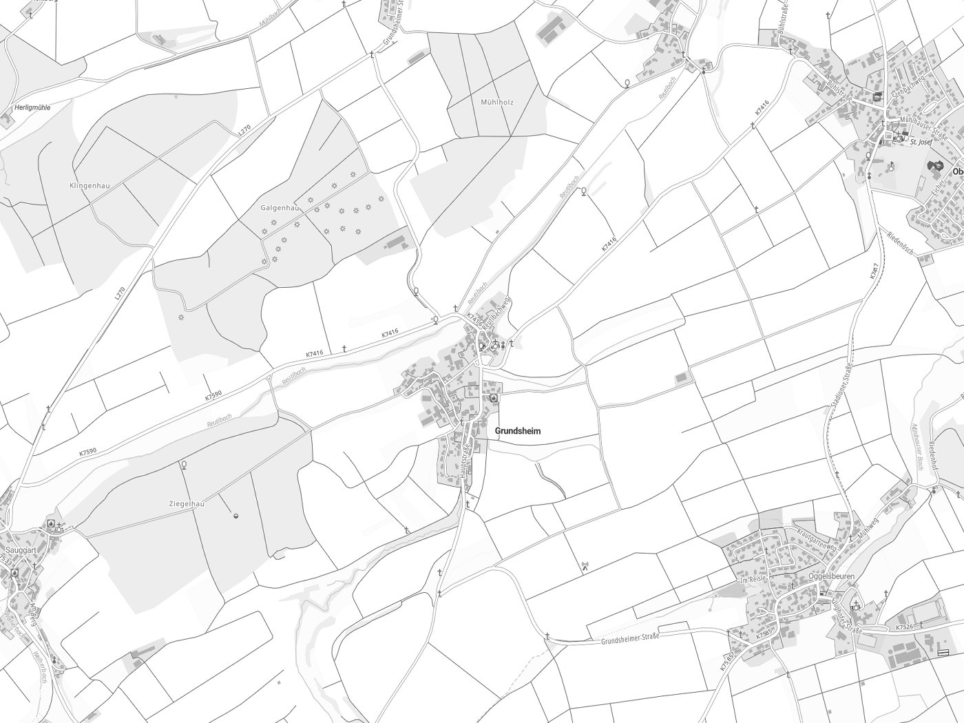 Kartenausschnitt Grundsheim mit Gewässern