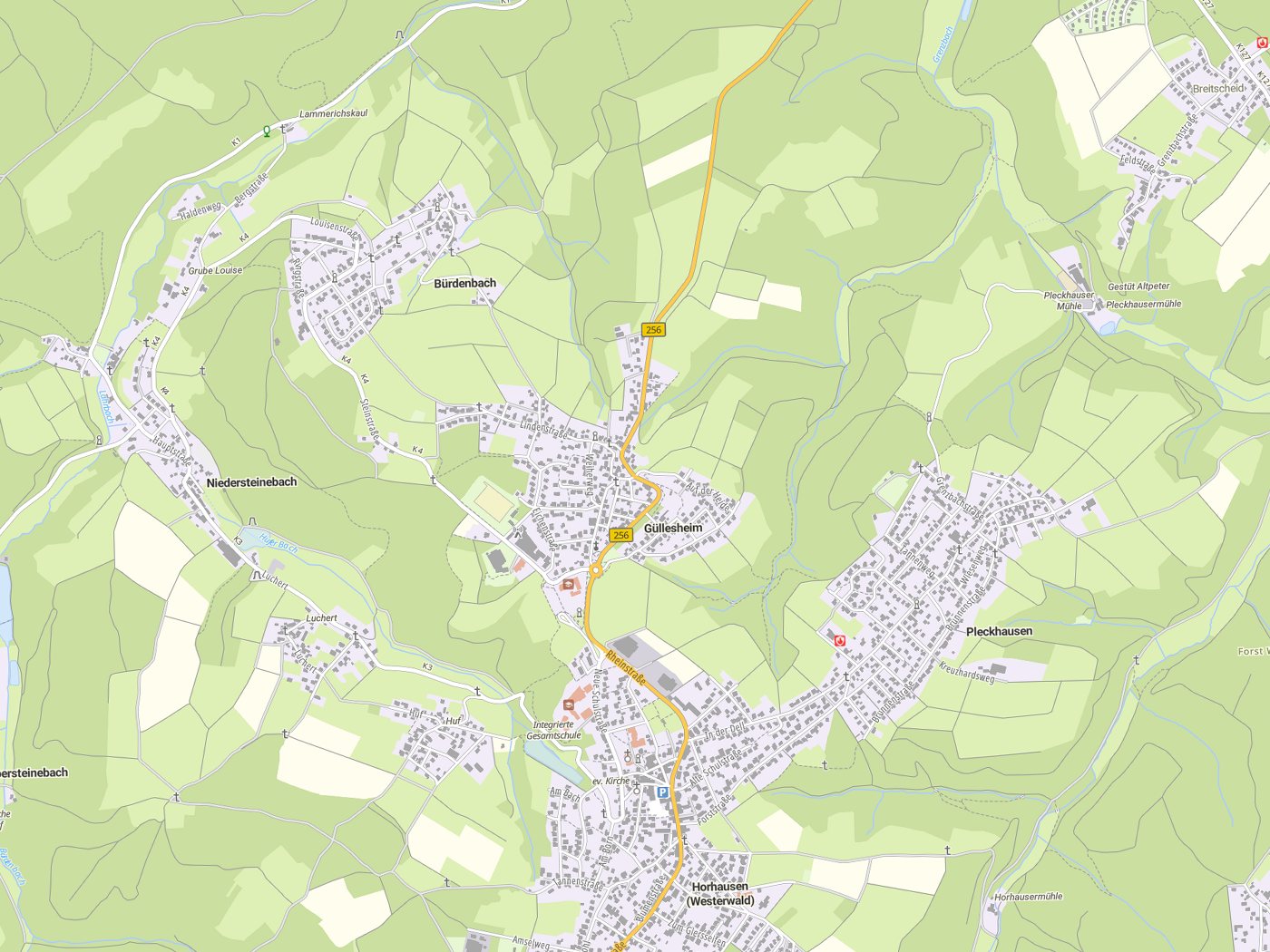 Kartenausschnitt Güllesheim mit Gewässern