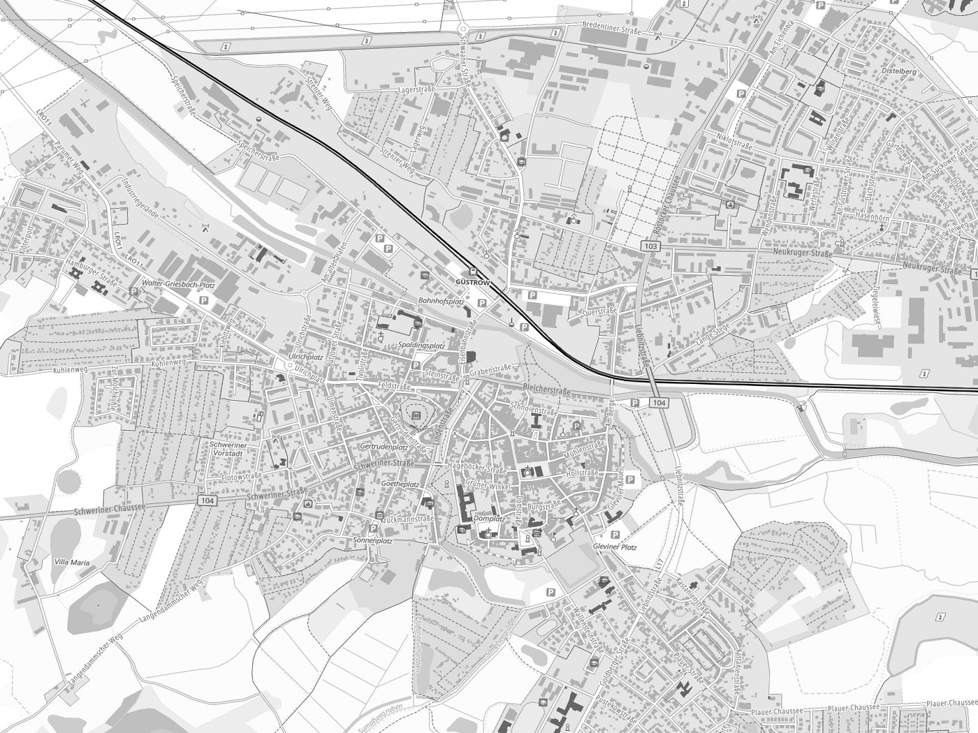 Kartenausschnitt Güstrow mit Gewässern