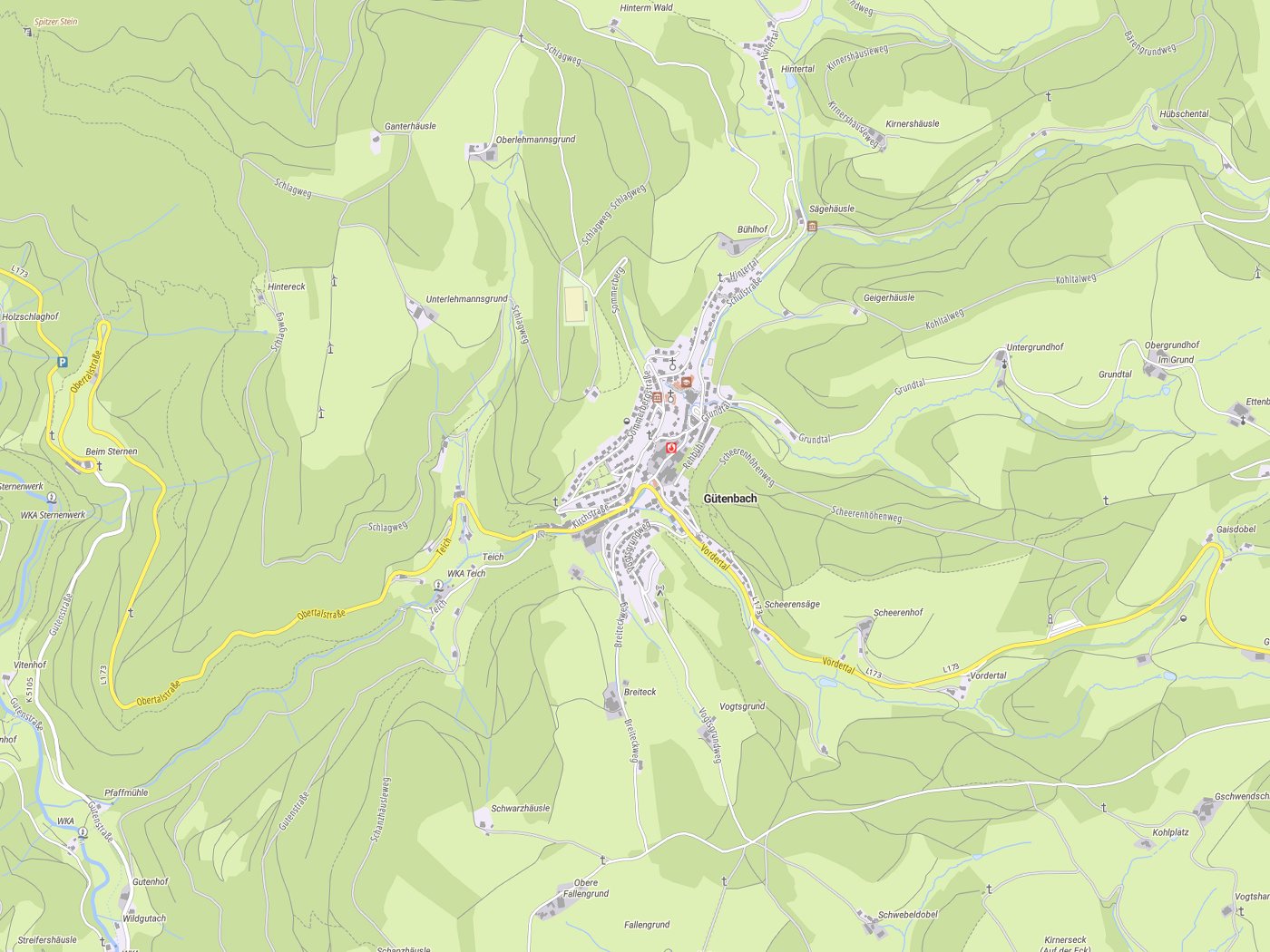 Kartenausschnitt Gütenbach mit Gewässern