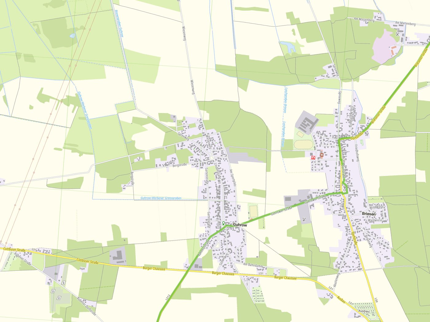 Kartenausschnitt Guhrow/Góry mit Gewässern