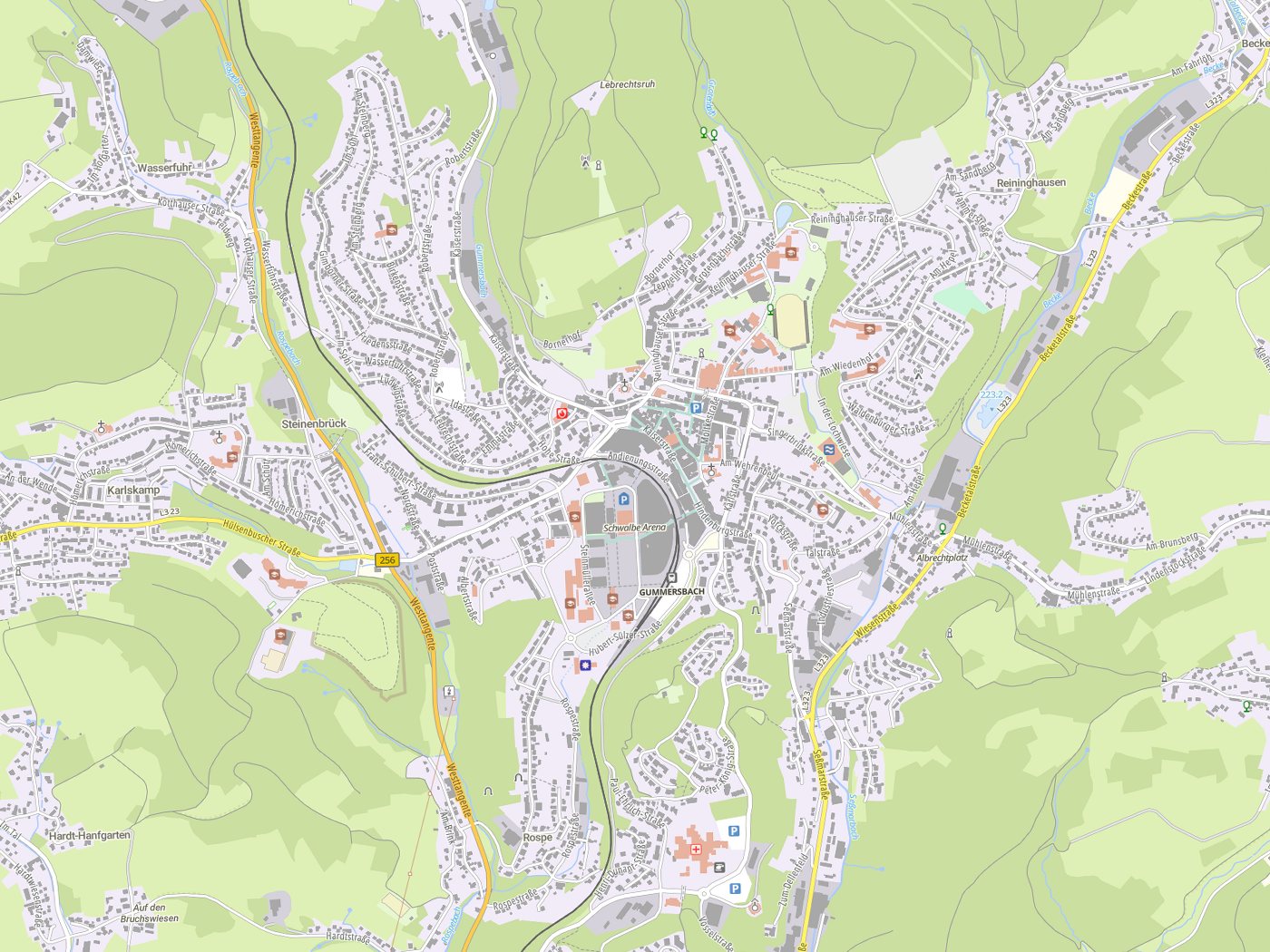 Kartenausschnitt Gummersbach mit Gewässern