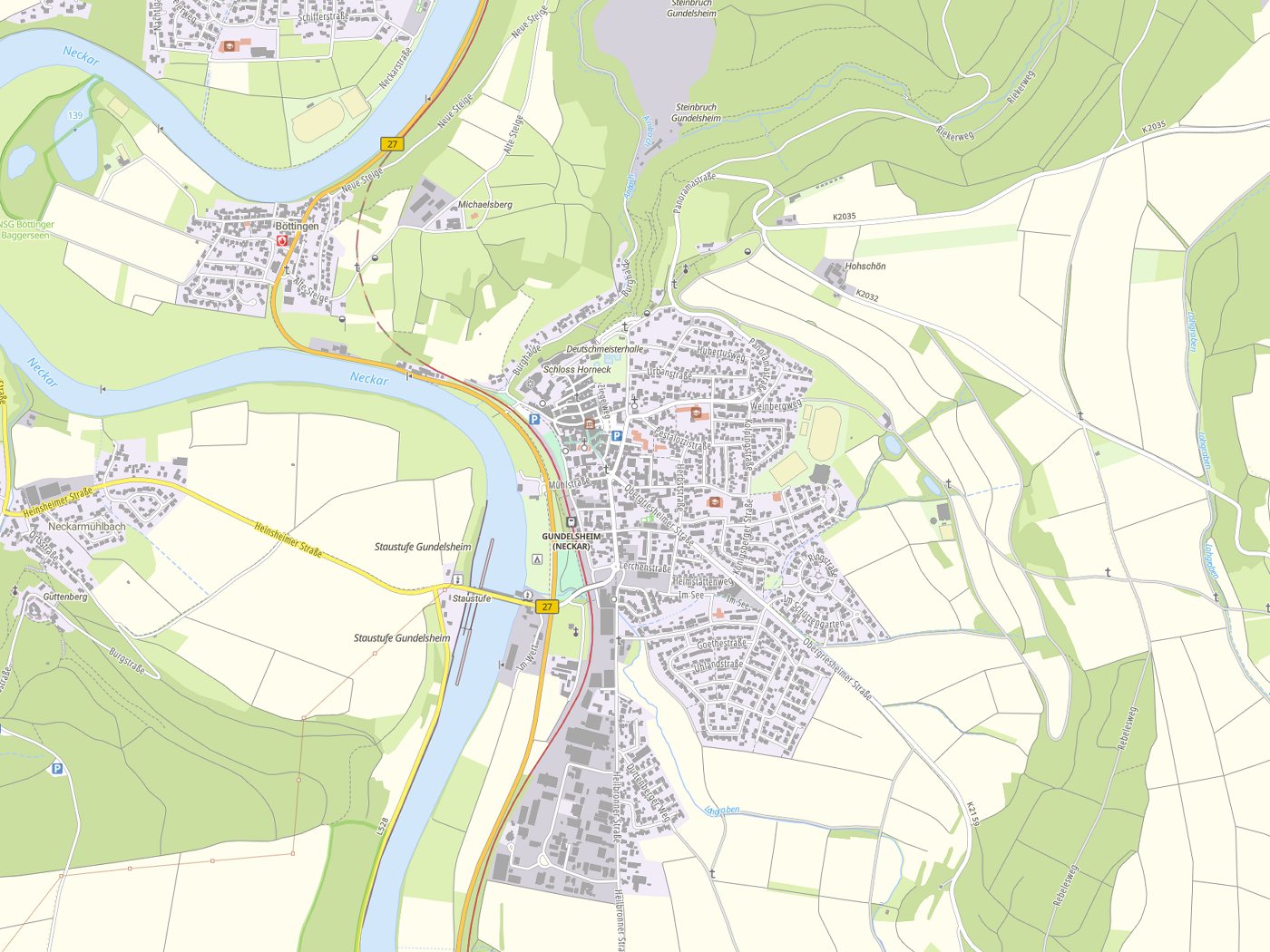 Kartenausschnitt Gundelsheim mit Gewässern