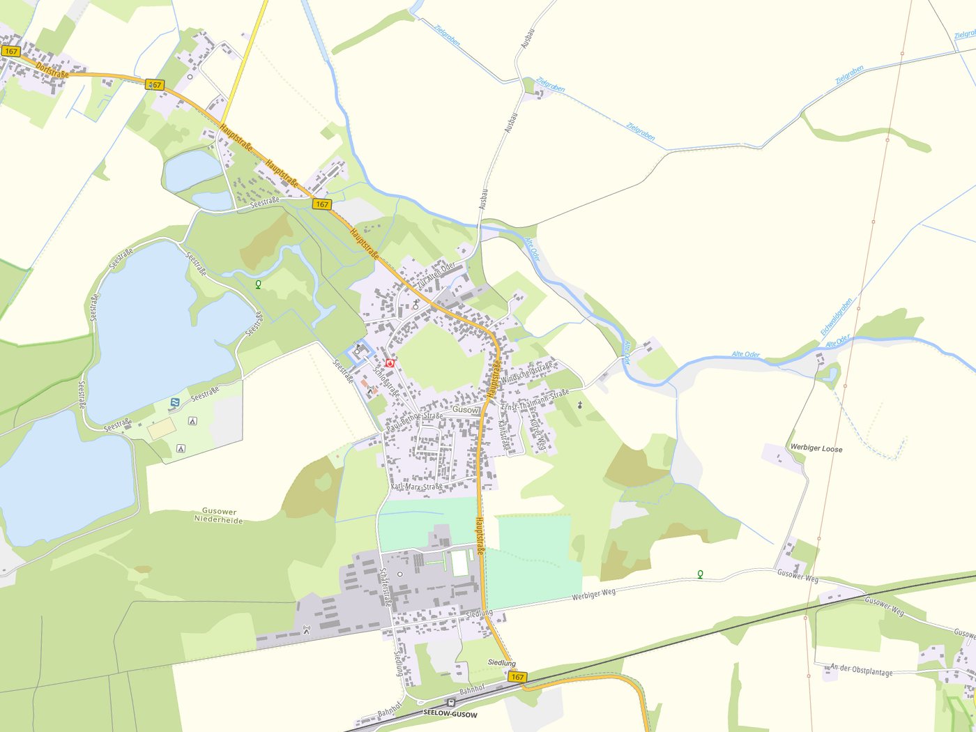 Kartenausschnitt Gusow-Platkow mit Gewässern