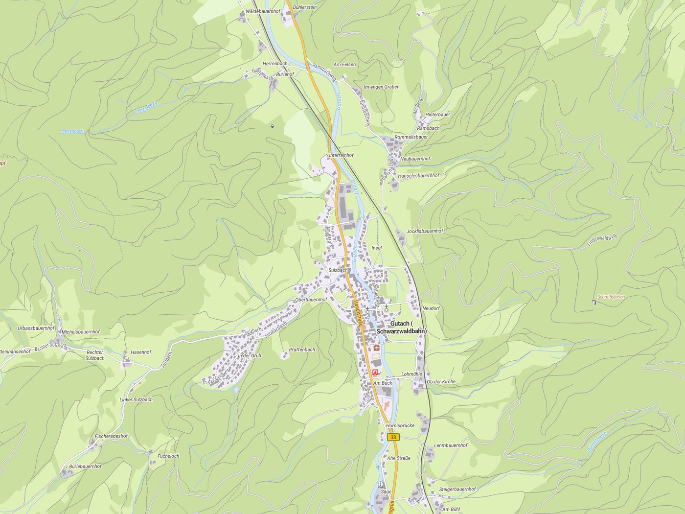 Kartenausschnitt Gutach (Schwarzwaldbahn) mit Gewässern