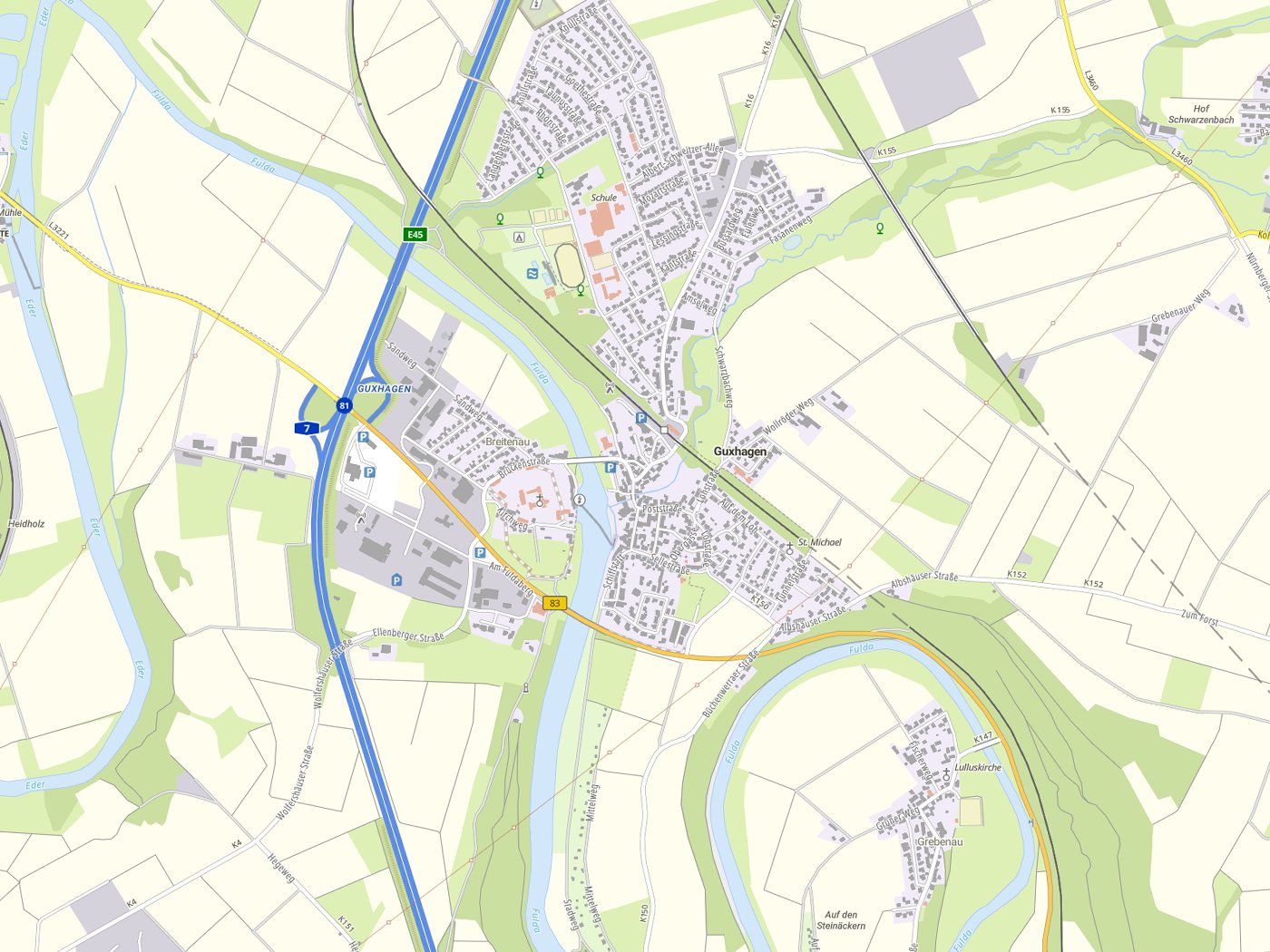 Kartenausschnitt Guxhagen mit Gewässern